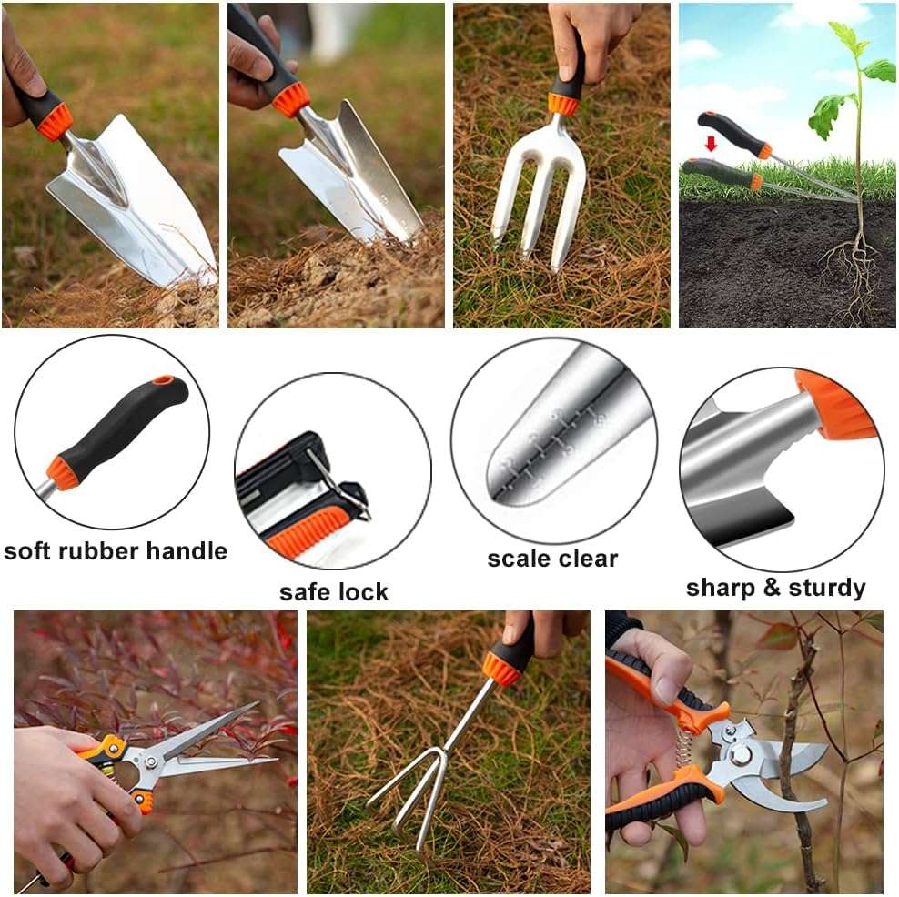 Garden Tool Set,10 PCS Stainless Steel Heavy Duty Gardening Tool Set with Soft Rubberized Non-Slip Ergonomic Handle Storage Tote Bag,Gardening Tool Set Gifts for Women and Men - 5
