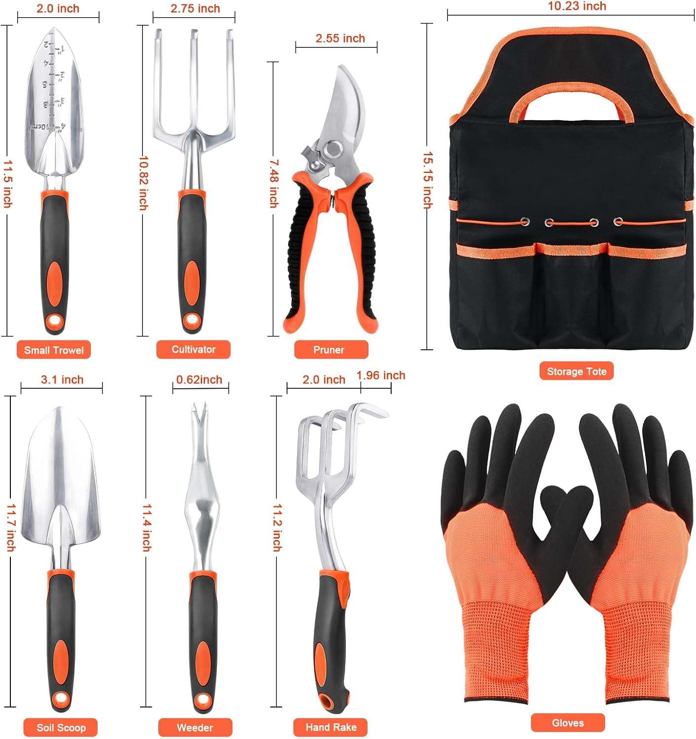 Garden Tools Set, 8 Piece Gardening Tools Set with Non Slip Ergonomic Handle, Heavy Duty Garden Tool Set with Storage Bag, Gardening Kit for Women, Garden Hand Tools Gift for Women and Men, Orange - 2