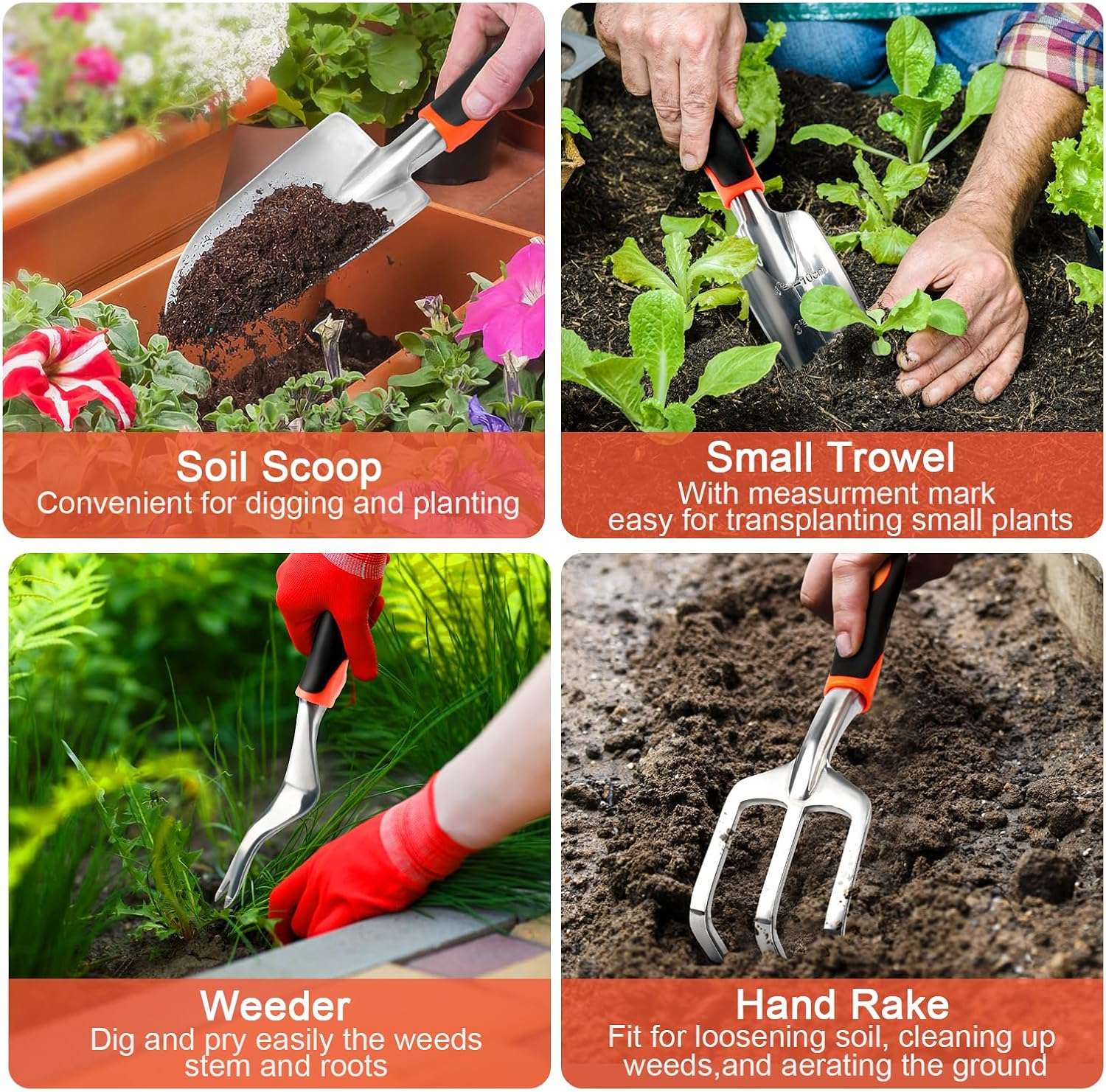 Garden Tools Set, 8 Piece Gardening Tools Set with Non Slip Ergonomic Handle, Heavy Duty Garden Tool Set with Storage Bag, Gardening Kit for Women, Garden Hand Tools Gift for Women and Men, Orange - 5