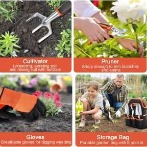 Garden Tools Set, 8 Piece Gardening Tools Set with Non Slip Ergonomic Handle, Heavy Duty Garden Tool Set with Storage Bag, Gardening Kit for Women, Garden Hand Tools Gift for Women and Men, Orange - 6