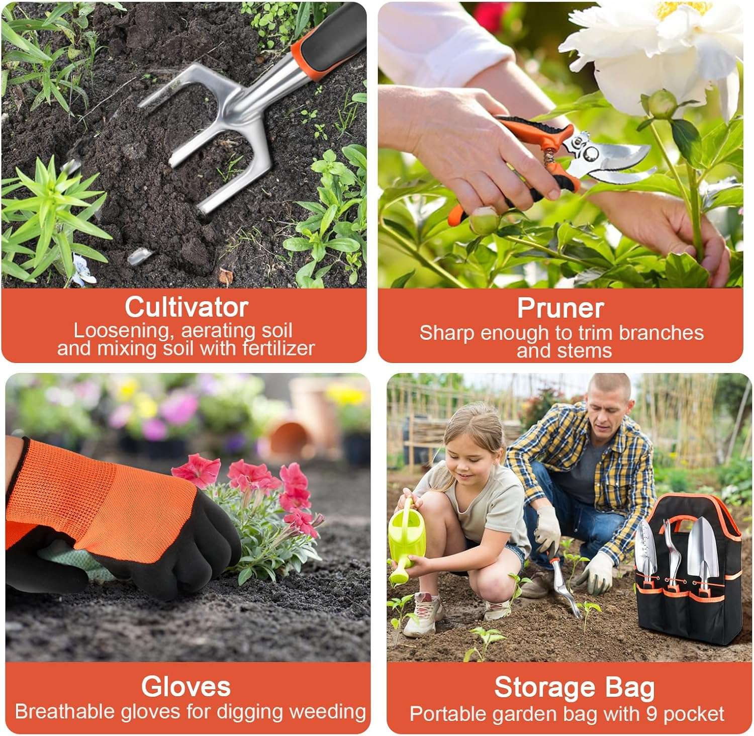 Garden Tools Set, 8 Piece Gardening Tools Set with Non Slip Ergonomic Handle, Heavy Duty Garden Tool Set with Storage Bag, Gardening Kit for Women, Garden Hand Tools Gift for Women and Men, Orange - 6
