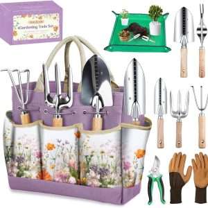 Gardening Tools Set 9-Piece Heavy-Duty Gardening Gifts for Women Mom Wife Gardening Hand Tools with Purple Floral Tote Bag and Repotting Mat, halilus Stainless Steel Garden Supplies Kit - 1