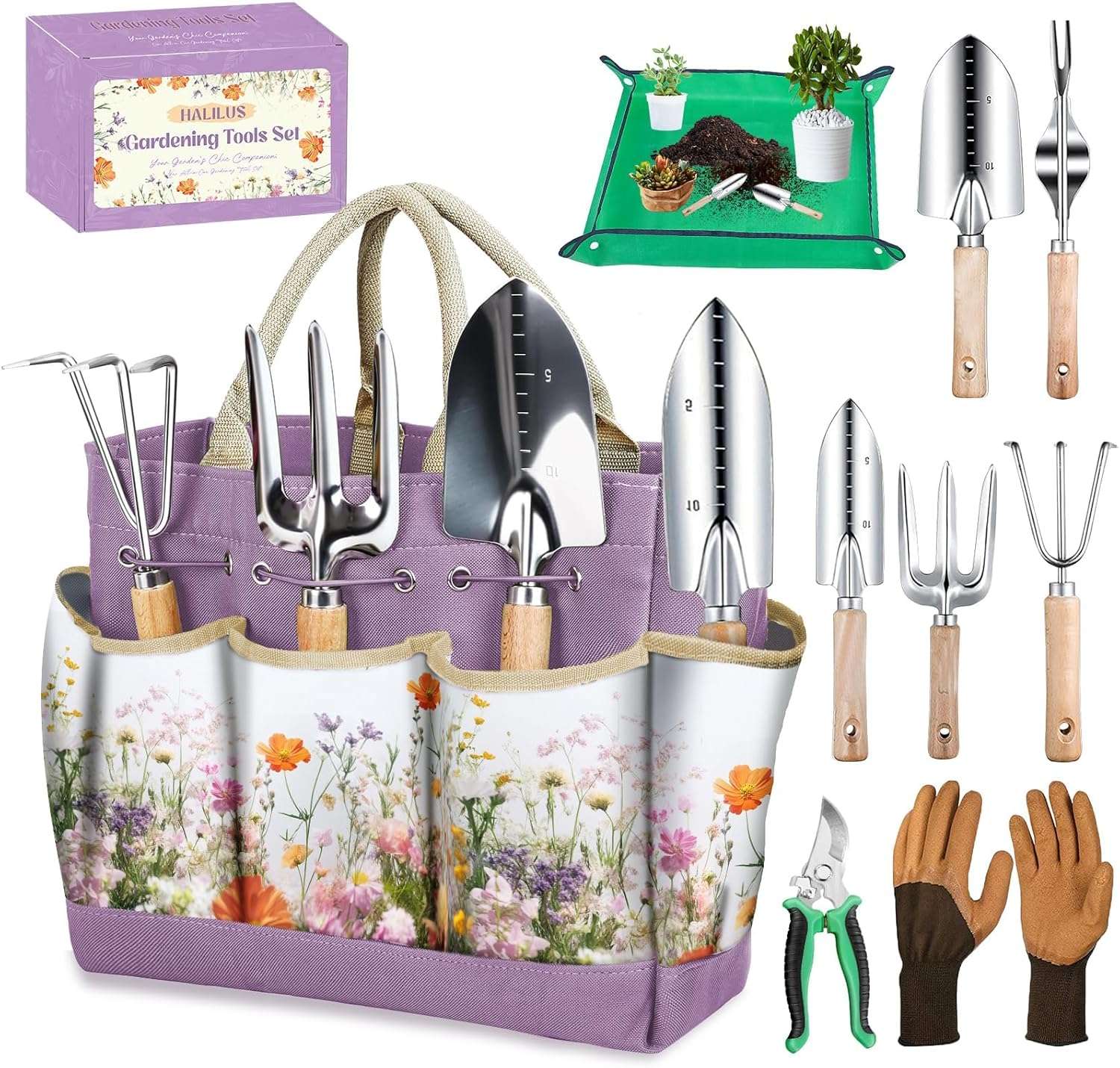 Gardening Tools Set 9-Piece Heavy-Duty Gardening Gifts for Women Mom Wife Gardening Hand Tools with Purple Floral Tote Bag and Repotting Mat, halilus Stainless Steel Garden Supplies Kit - 1