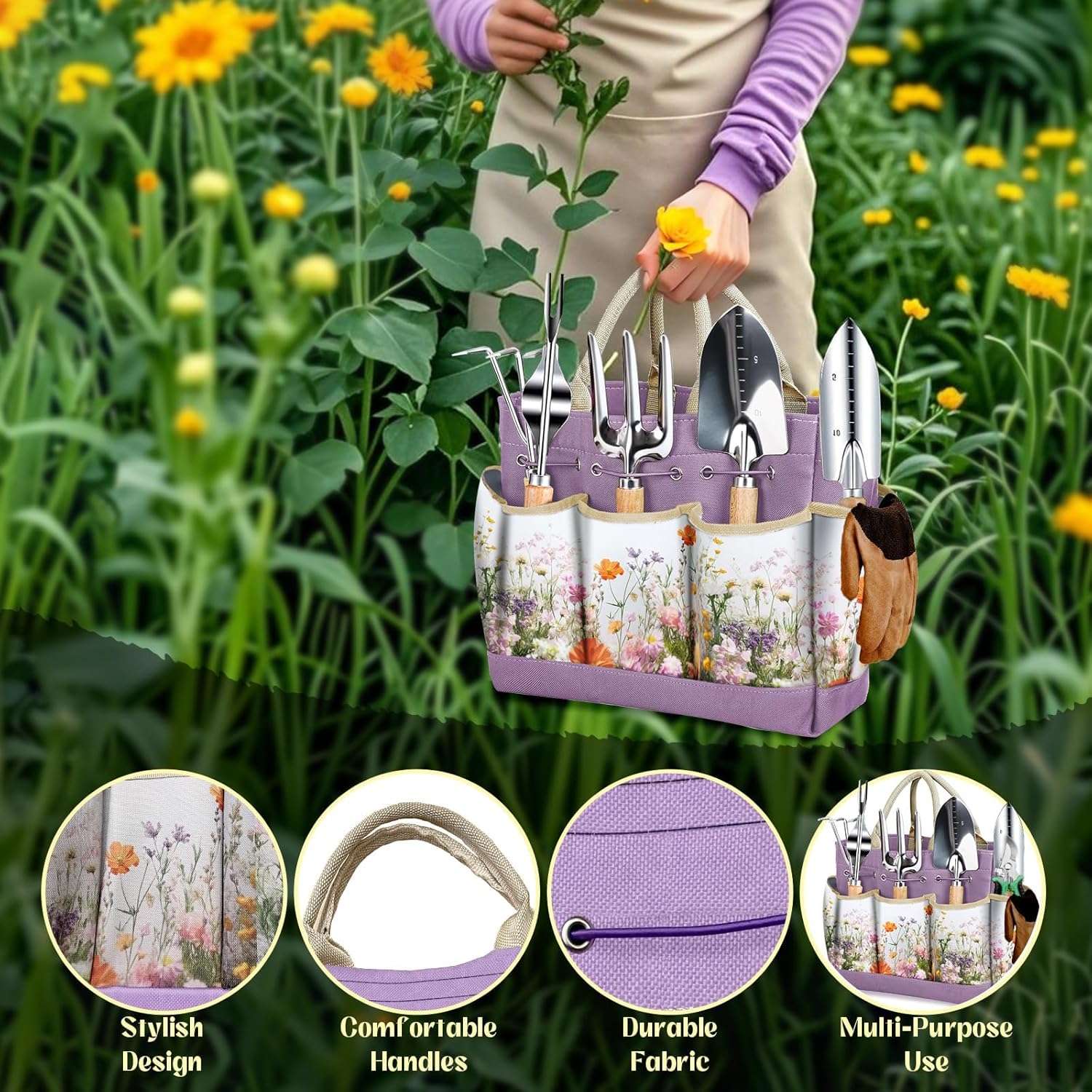 Gardening Tools Set 9-Piece Heavy-Duty Gardening Gifts for Women Mom Wife Gardening Hand Tools with Purple Floral Tote Bag and Repotting Mat, halilus Stainless Steel Garden Supplies Kit - 2