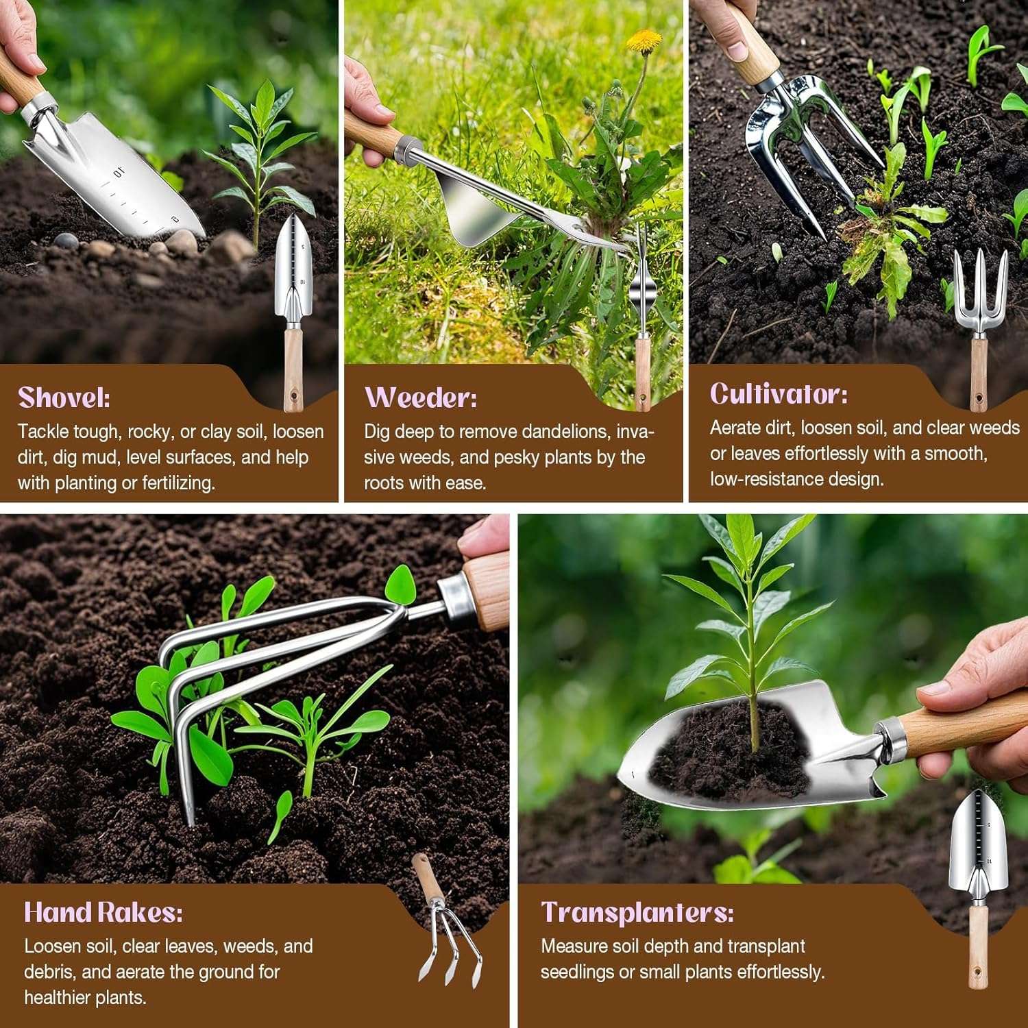 Gardening Tools Set 9-Piece Heavy-Duty Gardening Gifts for Women Mom Wife Gardening Hand Tools with Purple Floral Tote Bag and Repotting Mat, halilus Stainless Steel Garden Supplies Kit - 3