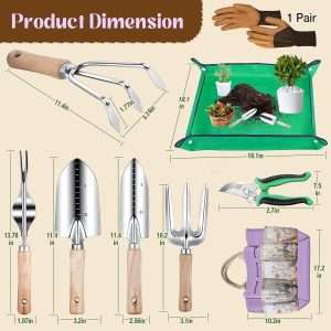 Gardening Tools Set 9-Piece Heavy-Duty Gardening Gifts for Women Mom Wife Gardening Hand Tools with Purple Floral Tote Bag and Repotting Mat, halilus Stainless Steel Garden Supplies Kit - 5