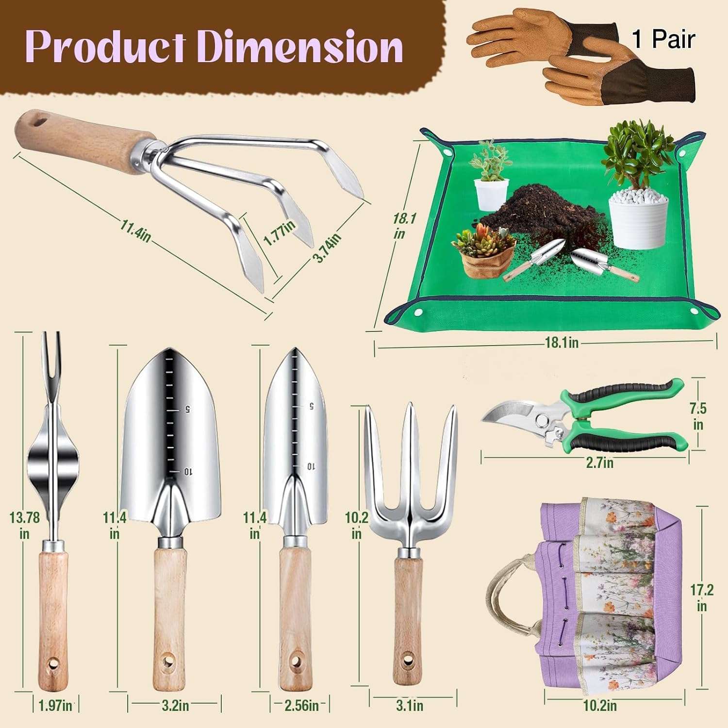 Gardening Tools Set 9-Piece Heavy-Duty Gardening Gifts for Women Mom Wife Gardening Hand Tools with Purple Floral Tote Bag and Repotting Mat, halilus Stainless Steel Garden Supplies Kit - 5