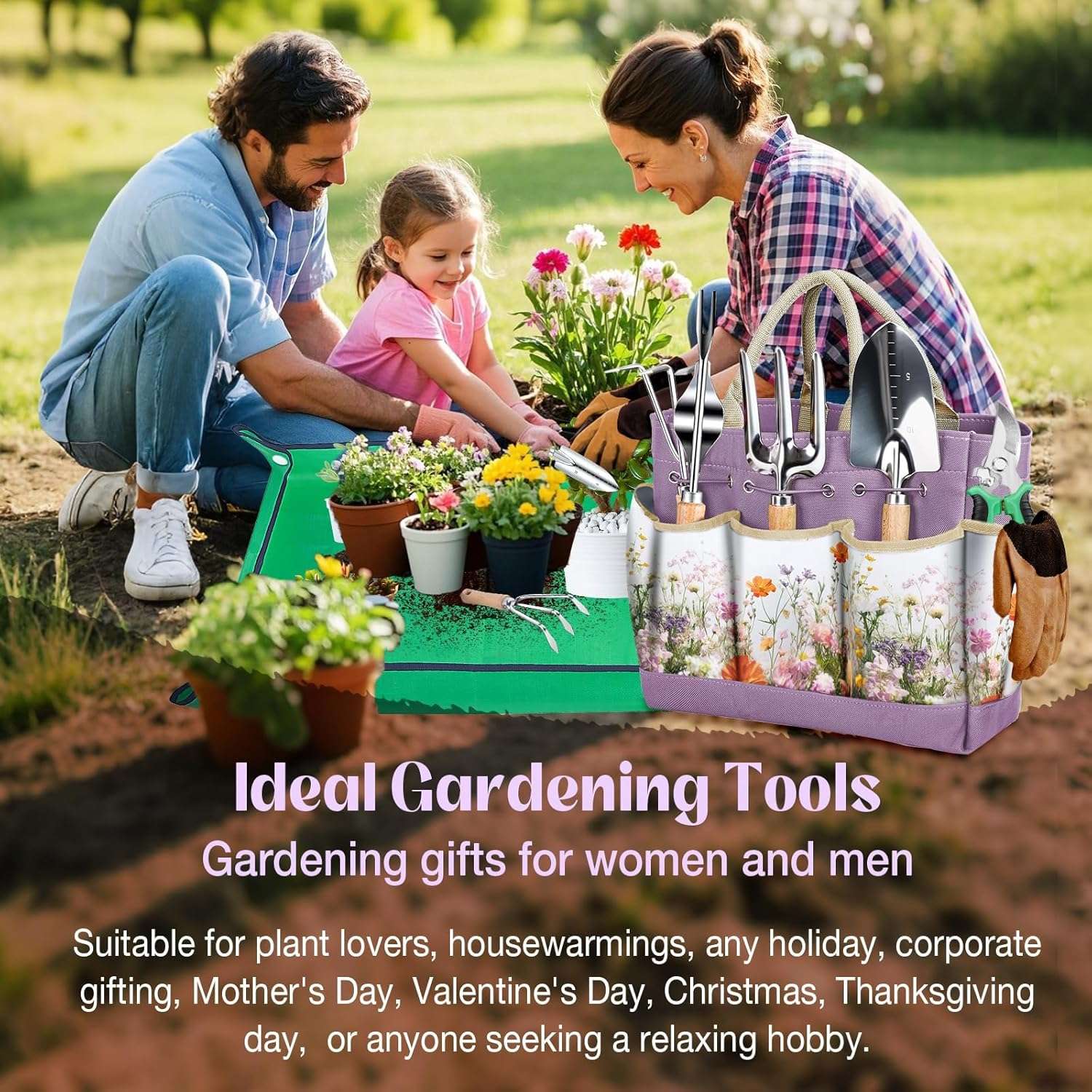 Gardening Tools Set 9-Piece Heavy-Duty Gardening Gifts for Women Mom Wife Gardening Hand Tools with Purple Floral Tote Bag and Repotting Mat, halilus Stainless Steel Garden Supplies Kit - 6