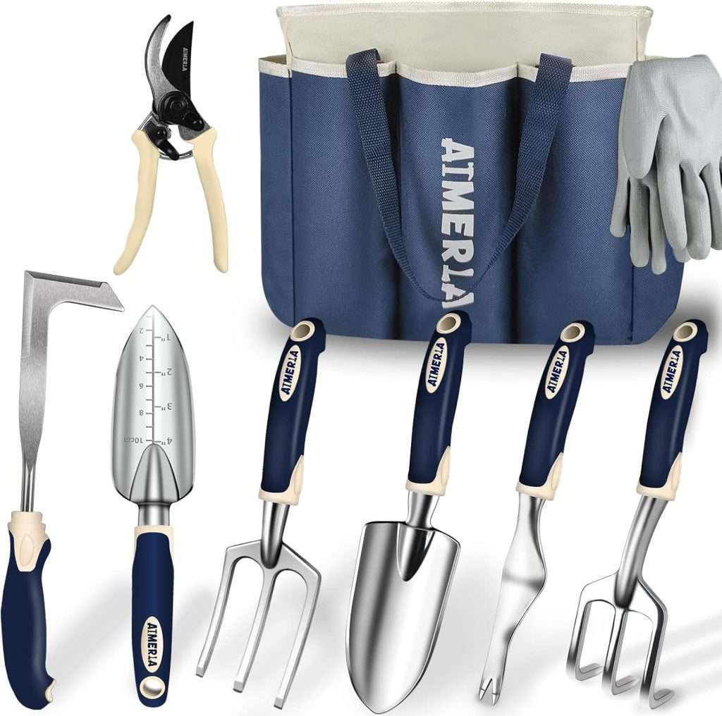 Gardening Tools Set of 9 Heavy Duty Garden Tools with Non-Slip Rubber Grip with Large Garden Bag, Durable for Garden, Weeding, Gifts for Women,Men - 1