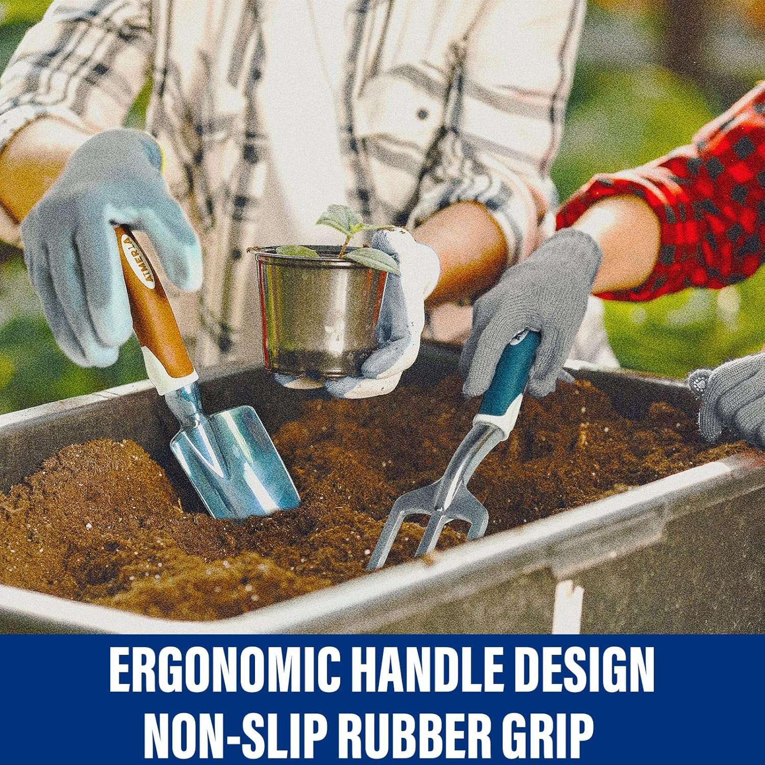 Gardening Tools Set of 9 Heavy Duty Garden Tools with Non-Slip Rubber Grip with Large Garden Bag, Durable for Garden, Weeding, Gifts for Women,Men - 4
