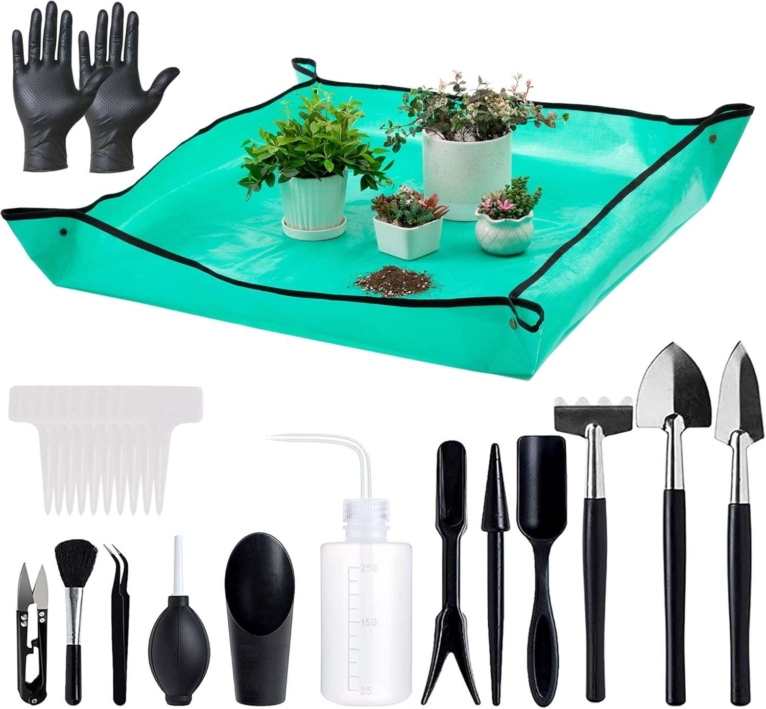 Melphoe 25Pcs Mini Garden Hand Transplanting Succulent Tools Set, 39.4 Thickened Repotting Mat & Plant Tag, Miniature Planting Indoor Fairy Care, Potting, Cactus, Houseplant Bonsai Tool Kit - 1