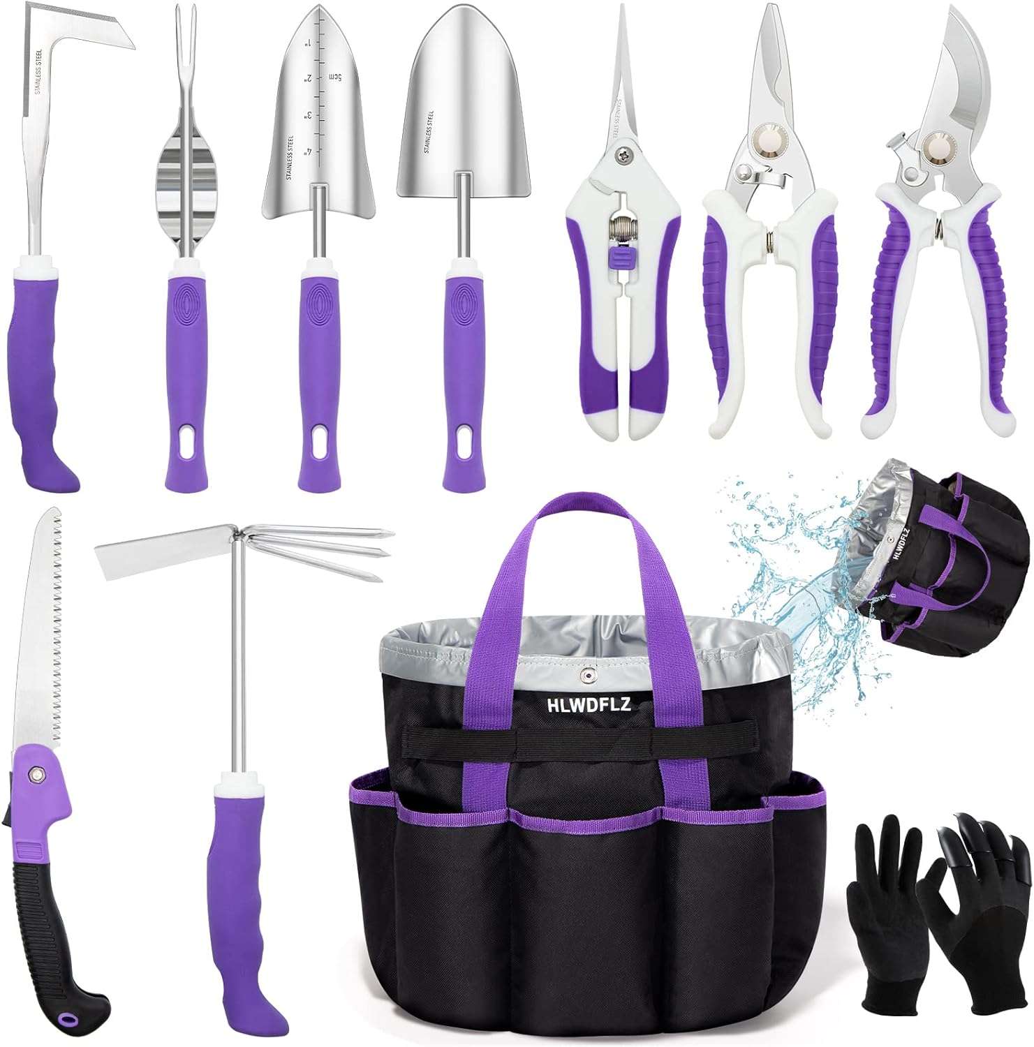 Purple Garden Tool Set Gardening Items for Women - 11PCS Heavy Duty Garden Tools with Detachable Storage Bag, Weeder, Dual-Purpose Hoe - 1