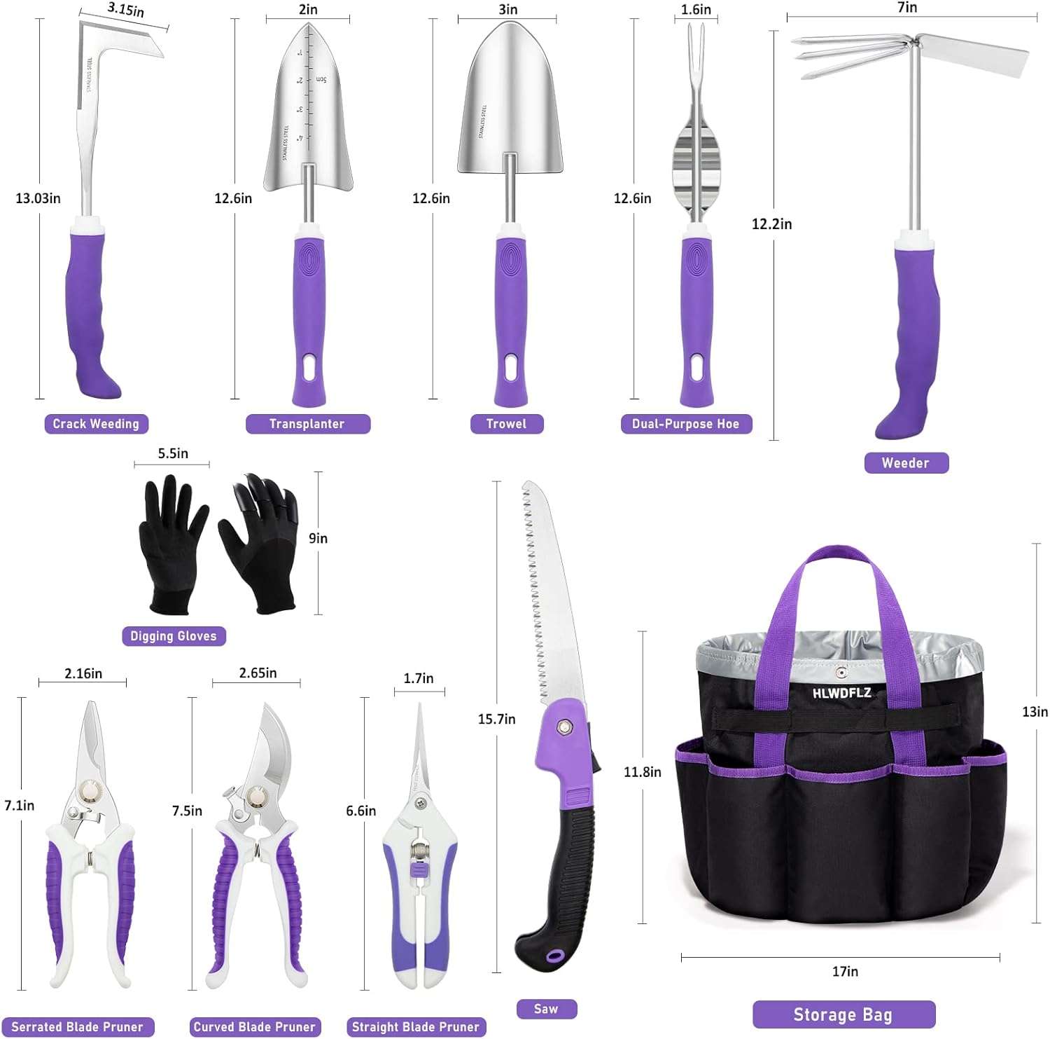 Purple Garden Tool Set Gardening Items for Women - 11PCS Heavy Duty Garden Tools with Detachable Storage Bag, Weeder, Dual-Purpose Hoe - 2