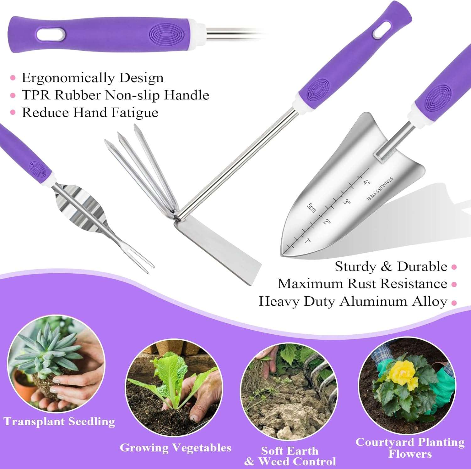 Purple Garden Tool Set Gardening Items for Women - 11PCS Heavy Duty Garden Tools with Detachable Storage Bag, Weeder, Dual-Purpose Hoe - 3