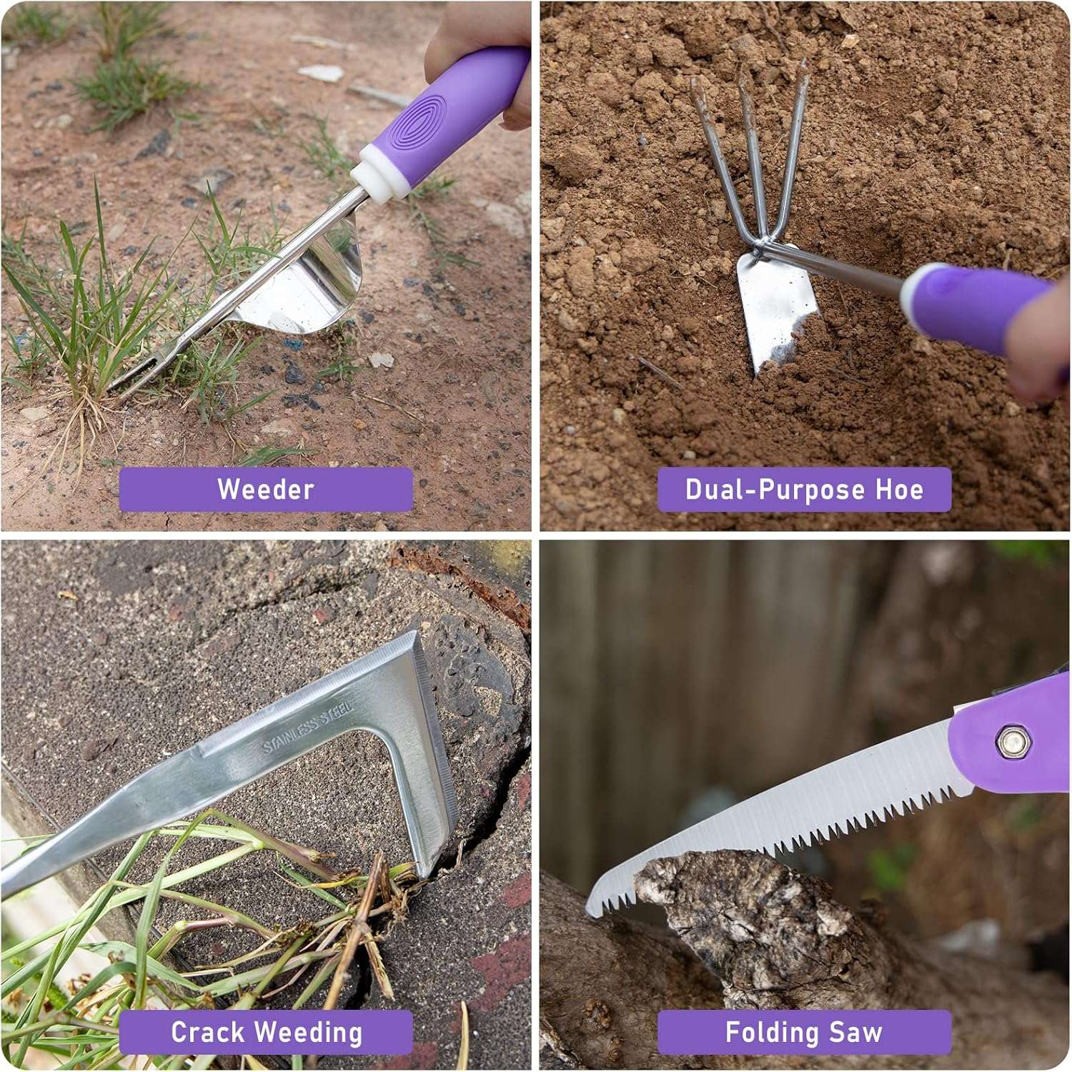 Purple Garden Tool Set Gardening Items for Women - 11PCS Heavy Duty Garden Tools with Detachable Storage Bag, Weeder, Dual-Purpose Hoe - 5