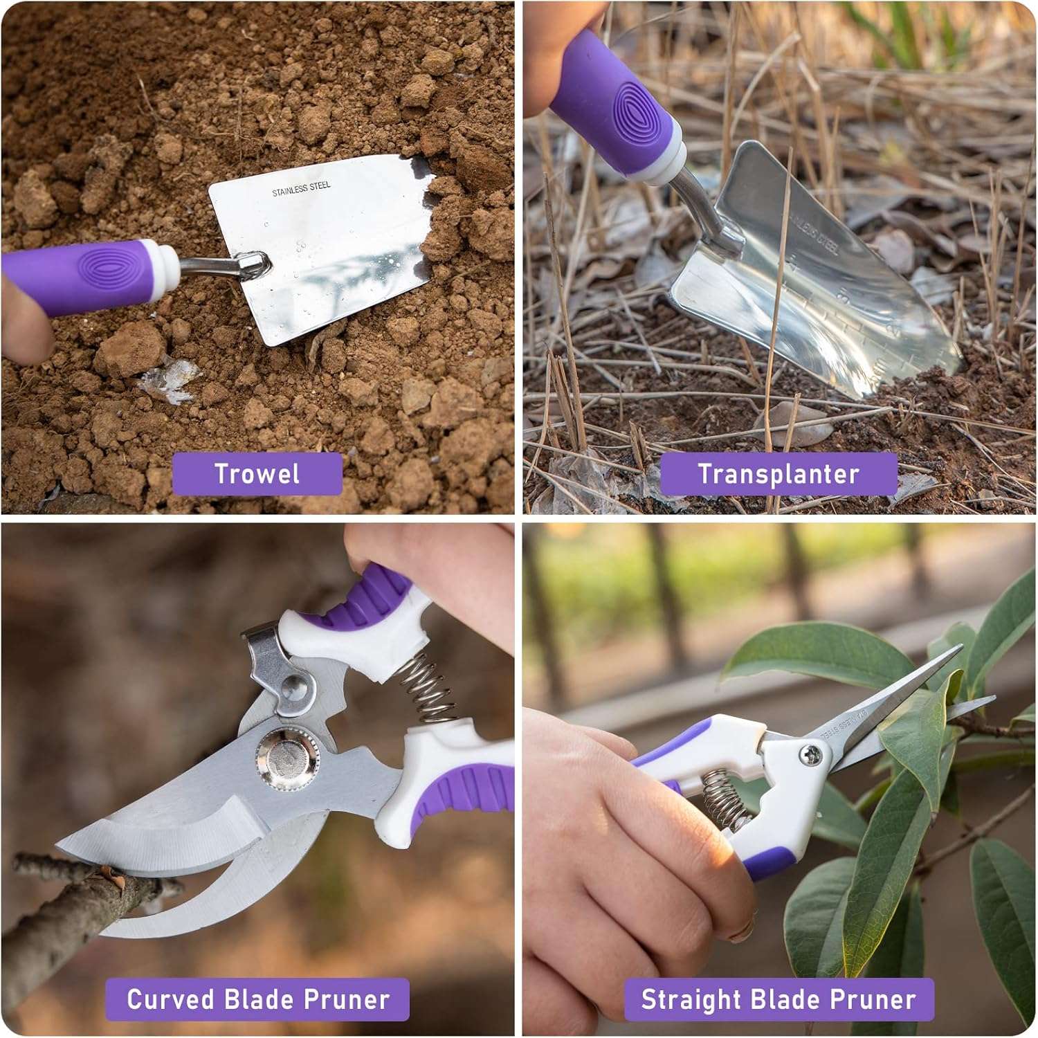Purple Garden Tool Set Gardening Items for Women - 11PCS Heavy Duty Garden Tools with Detachable Storage Bag, Weeder, Dual-Purpose Hoe - 6