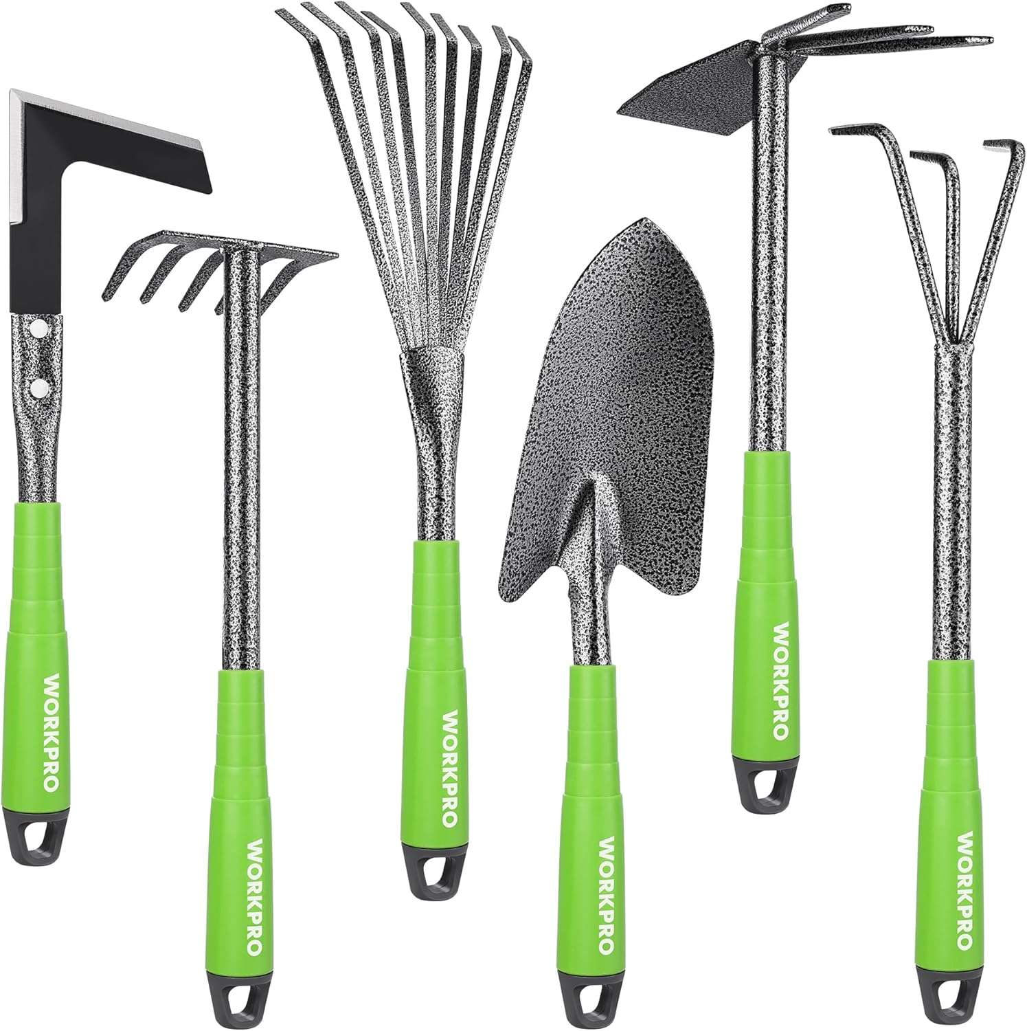 WORKPRO 6-Piece Garden Tool Set, Heavy Duty Gardening Hand Tools with Soft Rubber Handle, Including Trowel, Rakes, 2-in-1 Hoe and Crack Weeder, Ideal Gardening Gifts for Men and Women - 1