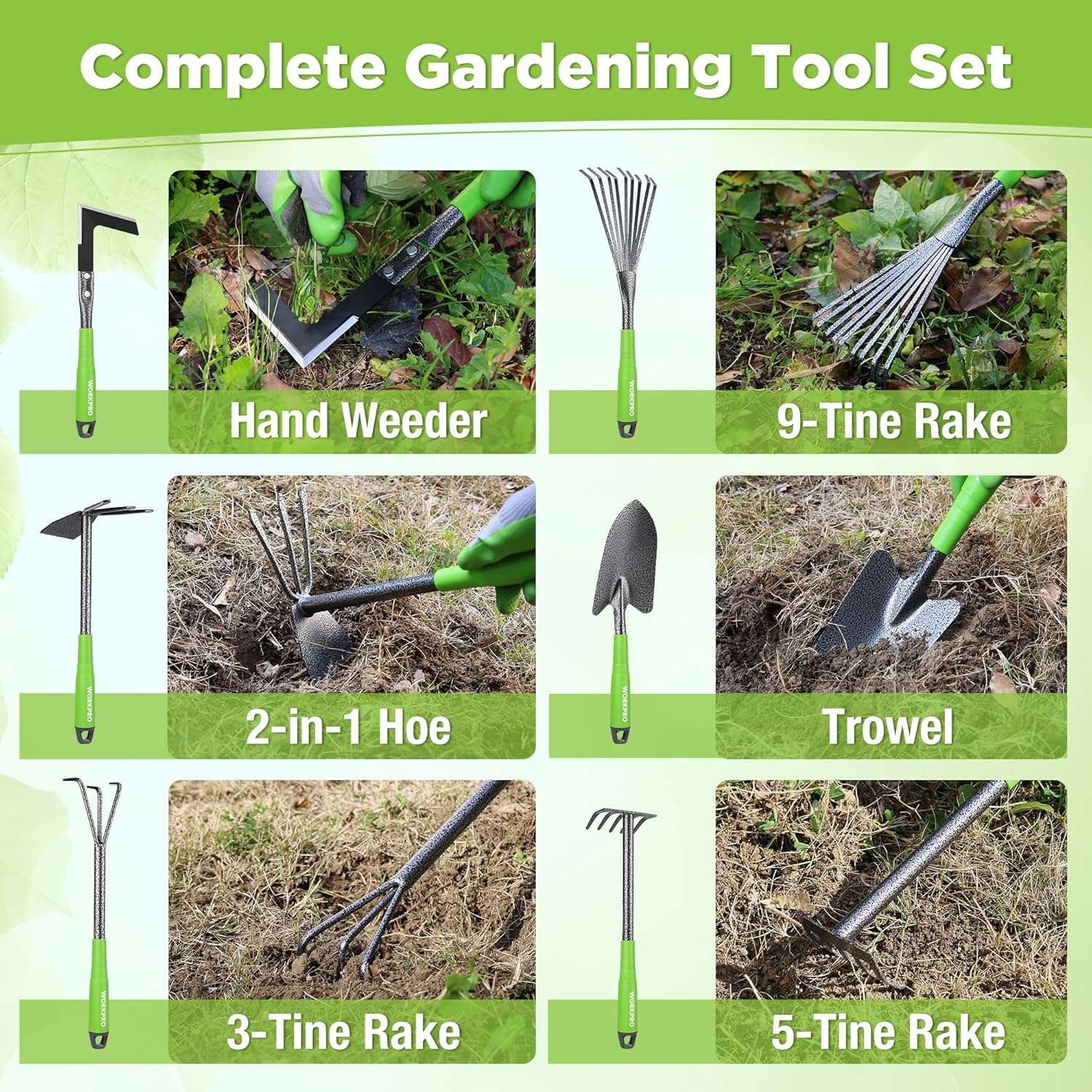 WORKPRO 6-Piece Garden Tool Set, Heavy Duty Gardening Hand Tools with Soft Rubber Handle, Including Trowel, Rakes, 2-in-1 Hoe and Crack Weeder, Ideal Gardening Gifts for Men and Women - 6