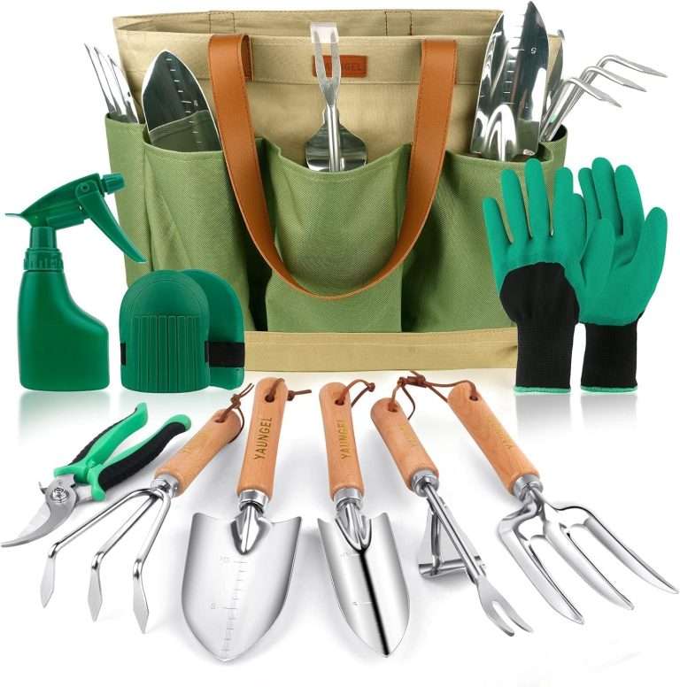 YAUNGEL Gardening Tools – 10 Pcs Garden Tool Set Heavy Duty Stainless Steel Garden Supplies Hand Tools with Wooden Handle, Storage Tote Bag, Gardening Gifts for Women and Men
