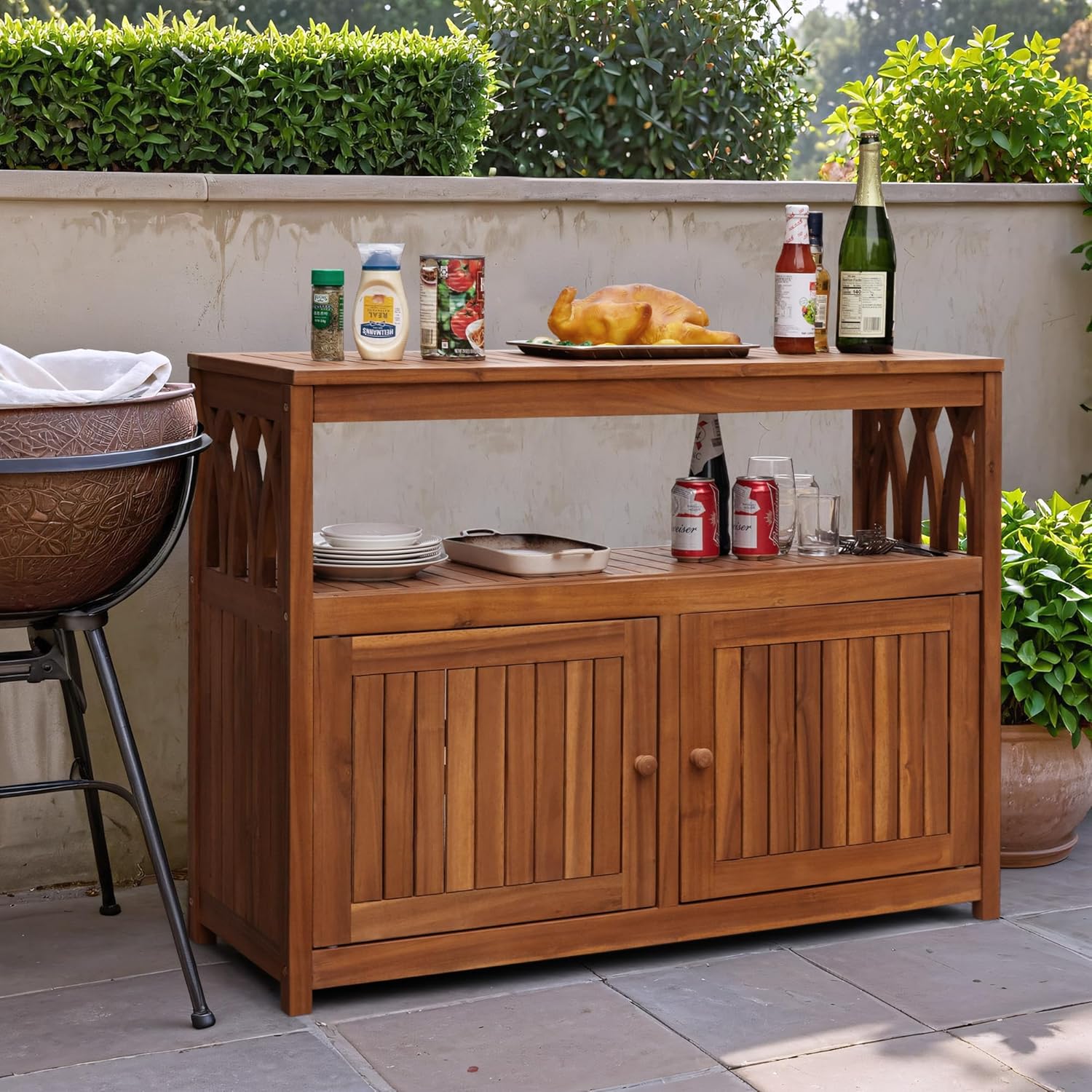 Flamaker Outdoor Storage Cabinet Weatherproof Acacia Wood Outdoor Cabinet with 2 Magnetic Doors Used for Outdoor Storage, Buffet Cabinet, TV Stand, Bar Table, Potting Table - 5