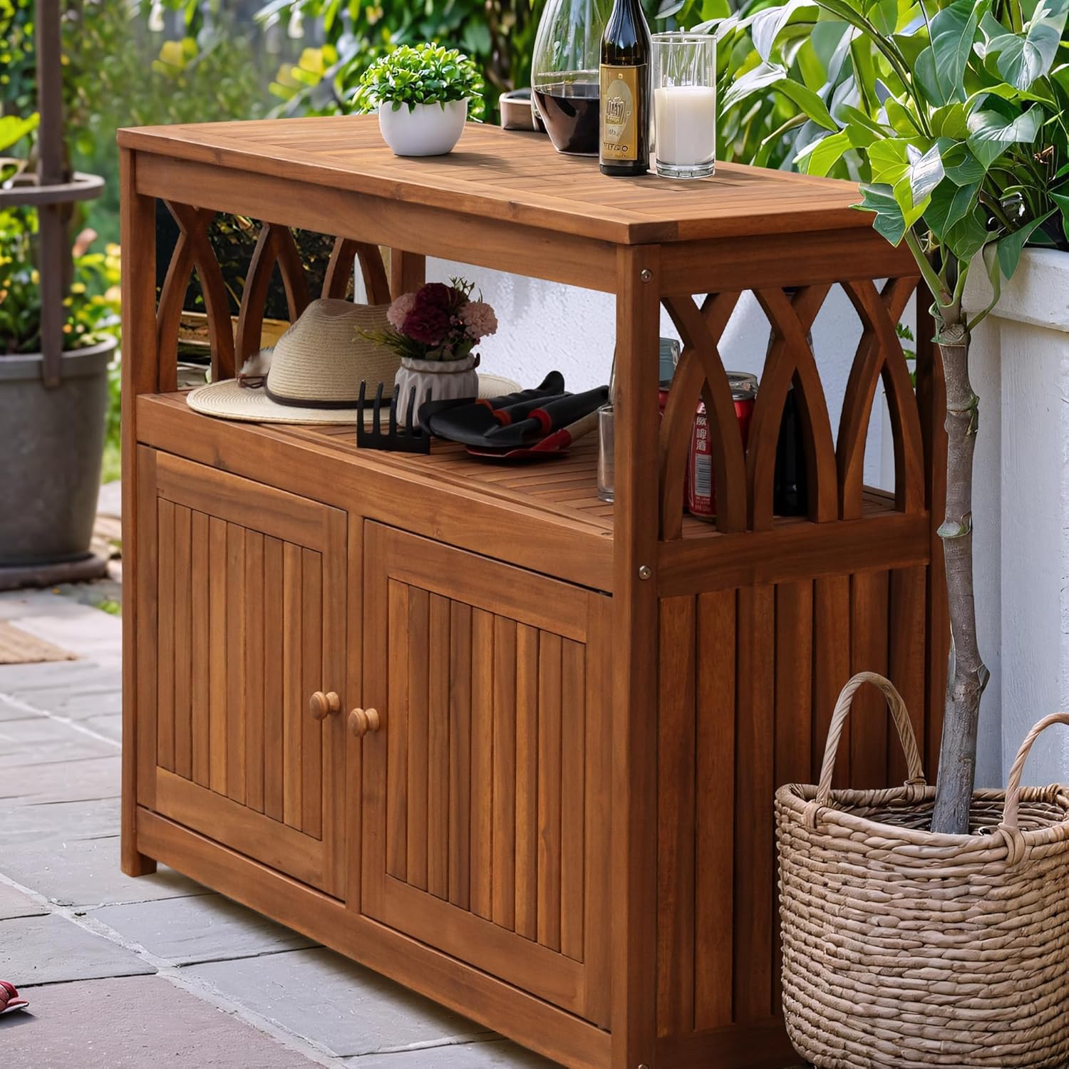 Flamaker Outdoor Storage Cabinet Weatherproof Acacia Wood Outdoor Cabinet with 2 Magnetic Doors Used for Outdoor Storage, Buffet Cabinet, TV Stand, Bar Table, Potting Table - 6