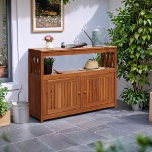 Flamaker Outdoor Storage Cabinet Weatherproof Acacia Wood Outdoor Cabinet with 2 Magnetic Doors Used for Outdoor Storage, Buffet Cabinet, TV Stand, Bar Table, Potting Table - 7