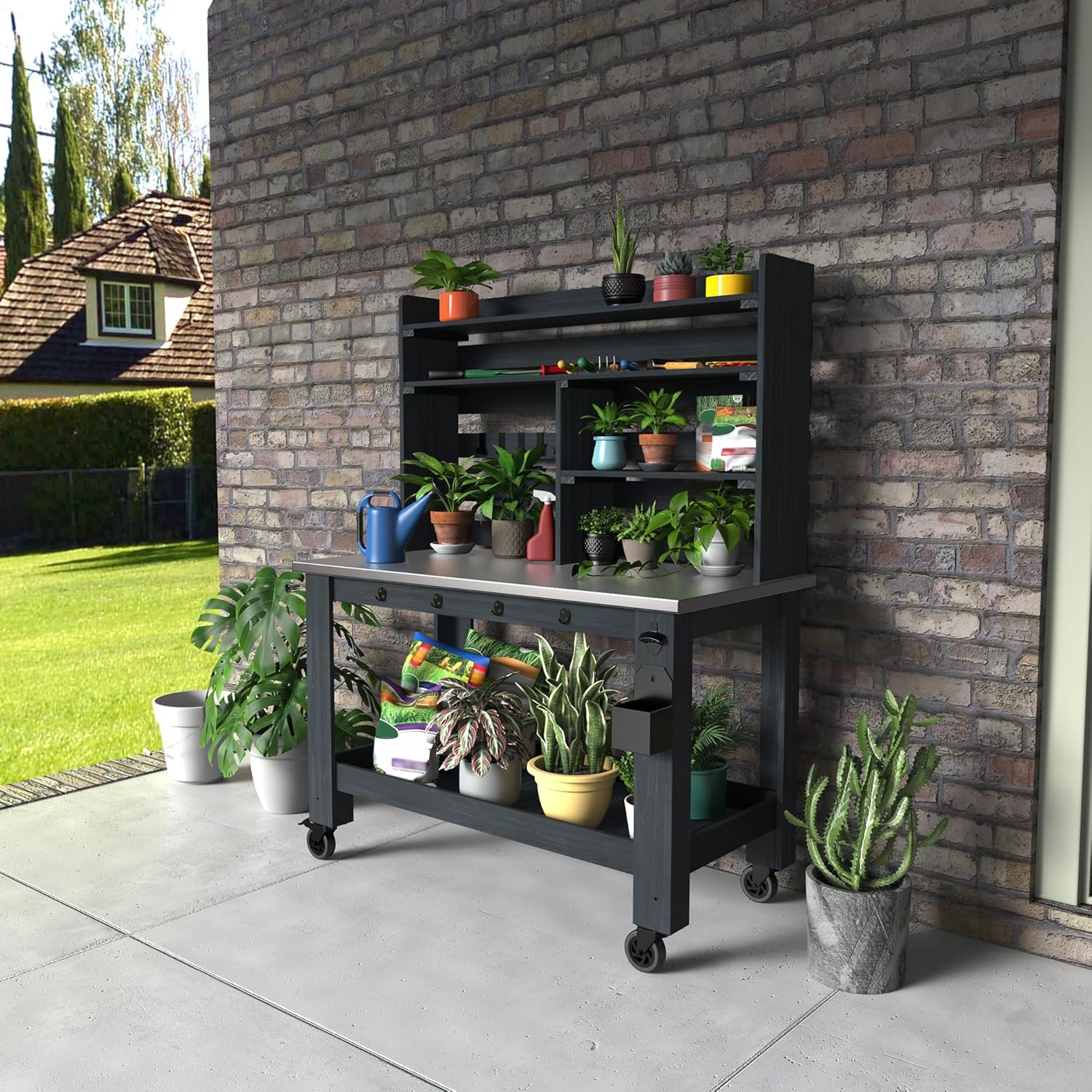 GDLF Potting Bench Table Large Outdoor Kitchen Island Prep Station with Stainless Steel Top Waterproof Cover, Hardwood, 66.9 H - 2