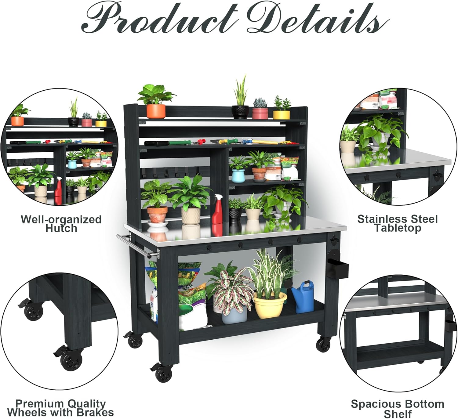 GDLF Potting Bench Table Large Outdoor Kitchen Island Prep Station with Stainless Steel Top Waterproof Cover, Hardwood, 66.9 H - 3