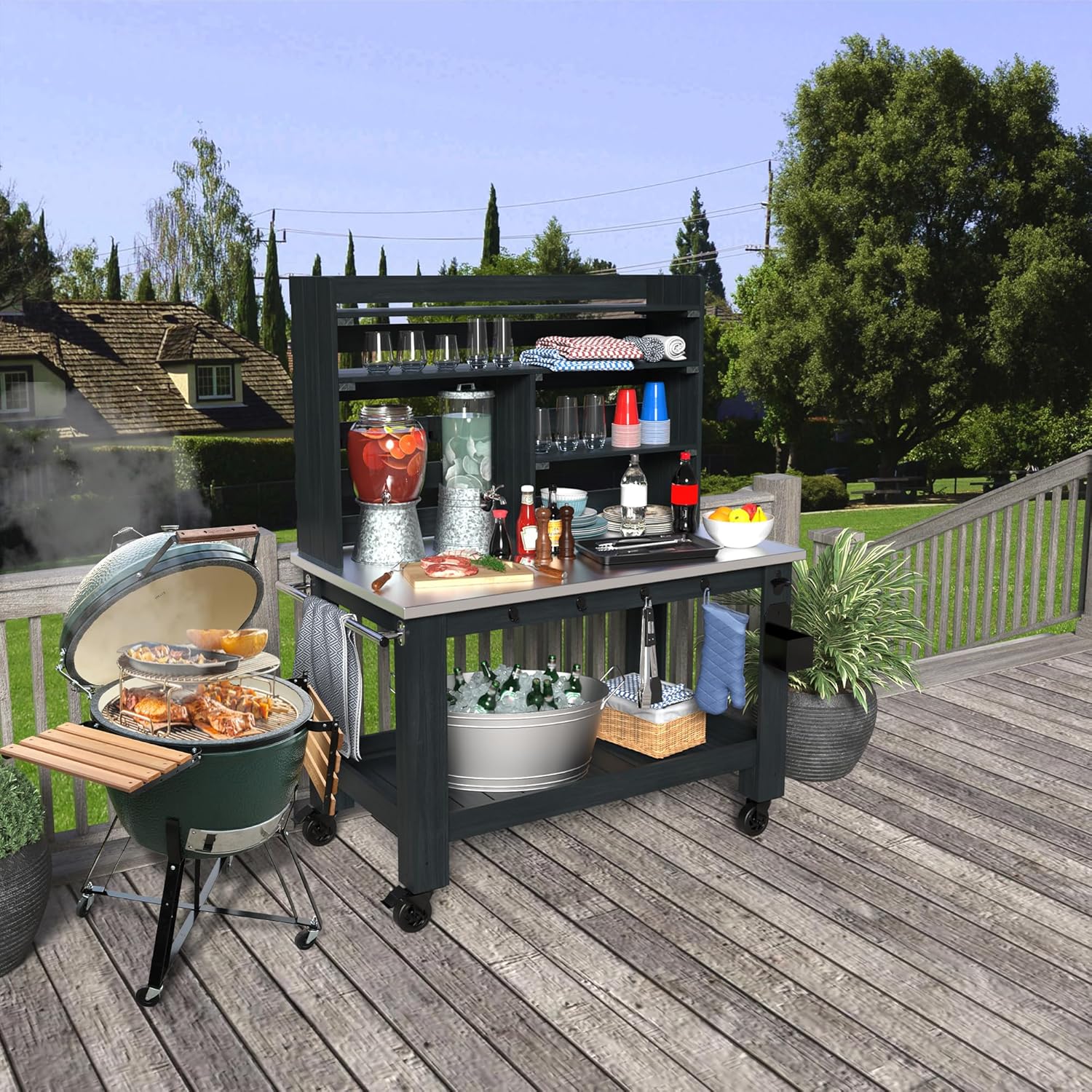 GDLF Potting Bench Table Large Outdoor Kitchen Island Prep Station with Stainless Steel Top Waterproof Cover, Hardwood, 66.9 H - 4