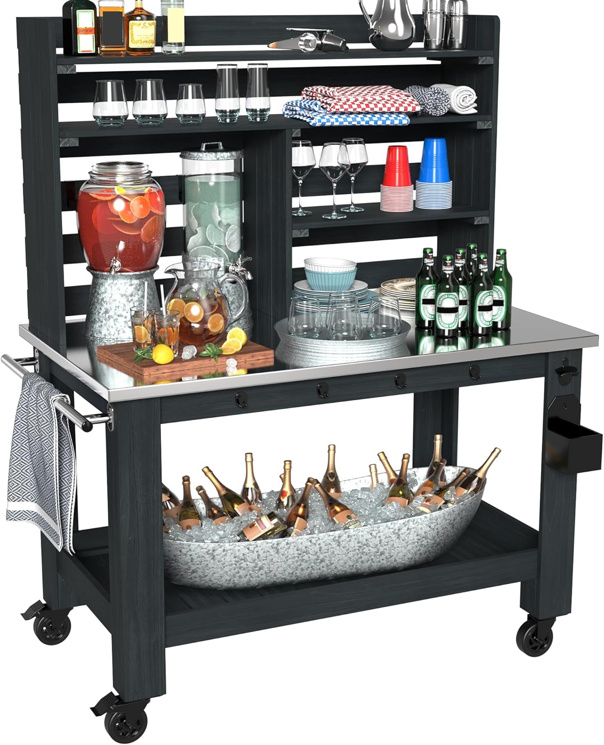 GDLF Potting Bench Table Large Outdoor Kitchen Island Prep Station with Stainless Steel Top Waterproof Cover, Hardwood, 66.9 H - 6