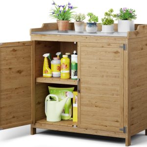 Gizoon Outdoor Potting Bench with Metal Tabletop, Outdoor Garden Patio Wooden Storage Cabinet with Adjustable Shelf, Double Doors Garden Work Bench for Backyard, Patio, Lawn - Natural - 1