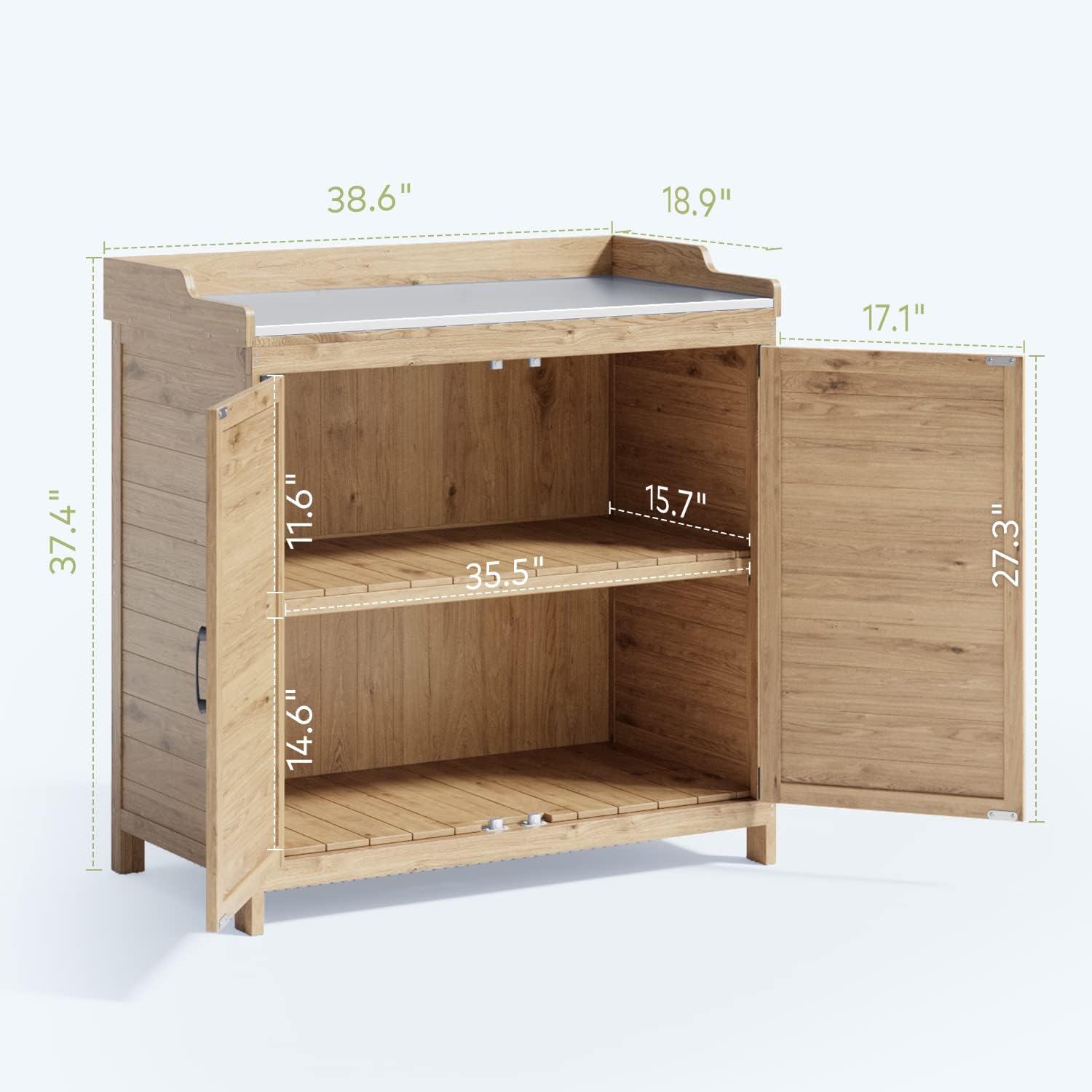 Gizoon Outdoor Potting Bench with Metal Tabletop, Outdoor Garden Patio Wooden Storage Cabinet with Adjustable Shelf, Double Doors Garden Work Bench for Backyard, Patio, Lawn - Natural - 6