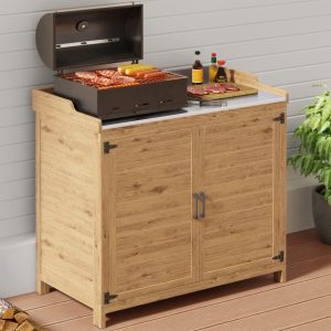 Gizoon Outdoor Potting Bench with Metal Tabletop, Outdoor Garden Patio Wooden Storage Cabinet with Adjustable Shelf, Double Doors Garden Work Bench for Backyard, Patio, Lawn - Natural - 9