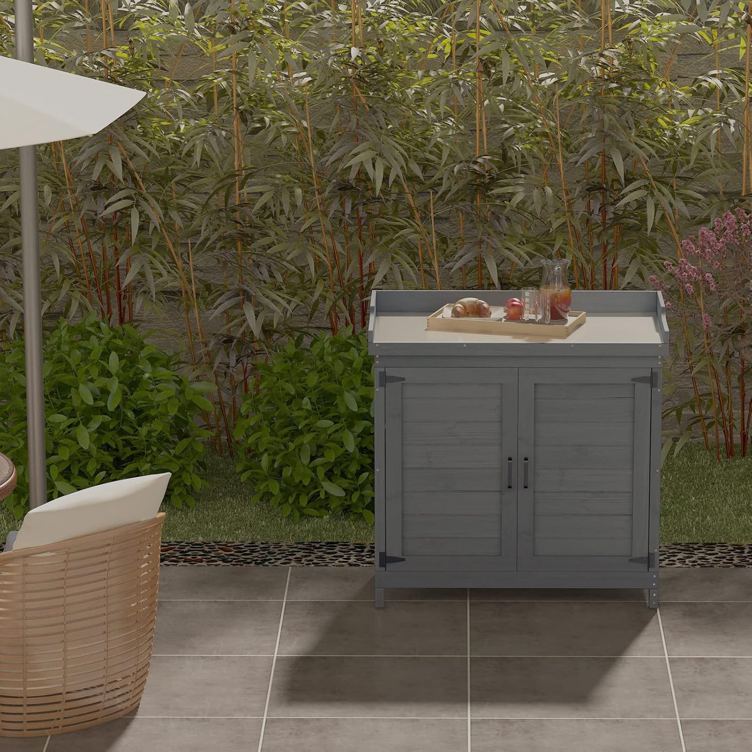 Outdoor Garden Patio Wooden Storage Cabinet Furniture Waterproof Tool Shed with Potting Benches Outdoor Work Station Table - 3