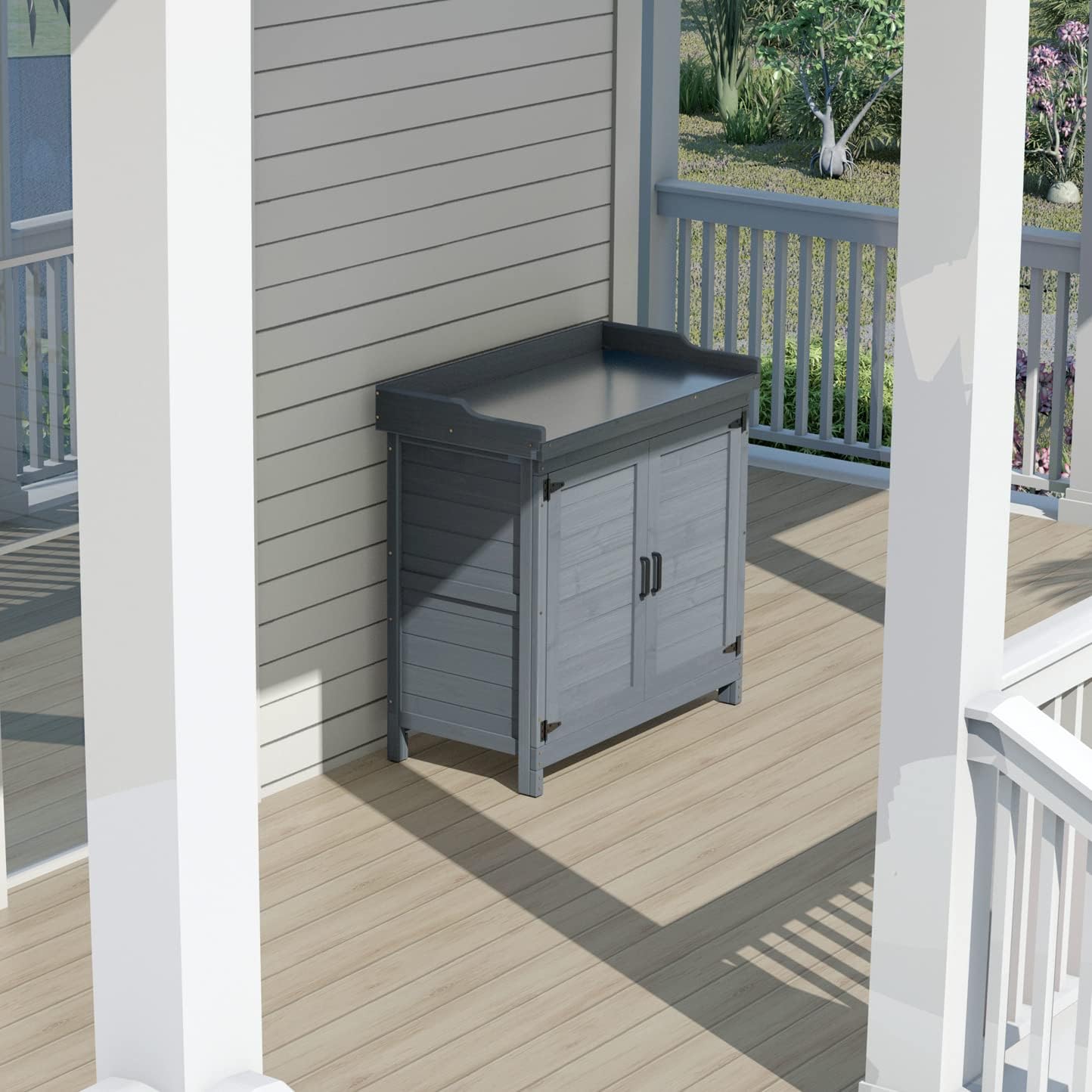 Outdoor Garden Patio Wooden Storage Cabinet Furniture Waterproof Tool Shed with Potting Benches Outdoor Work Station Table - 4