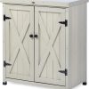 Outdoor Storage Cabinets Weatherproof for Patio, Garden Work Bench with Shelves & Metal Tabletop, Wooden Potting Table Workstation - 1