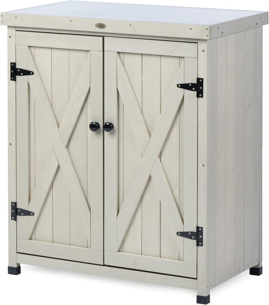 Outdoor Storage Cabinets Weatherproof for Patio, Garden Work Bench with Shelves & Metal Tabletop, Wooden Potting Table Workstation - 1