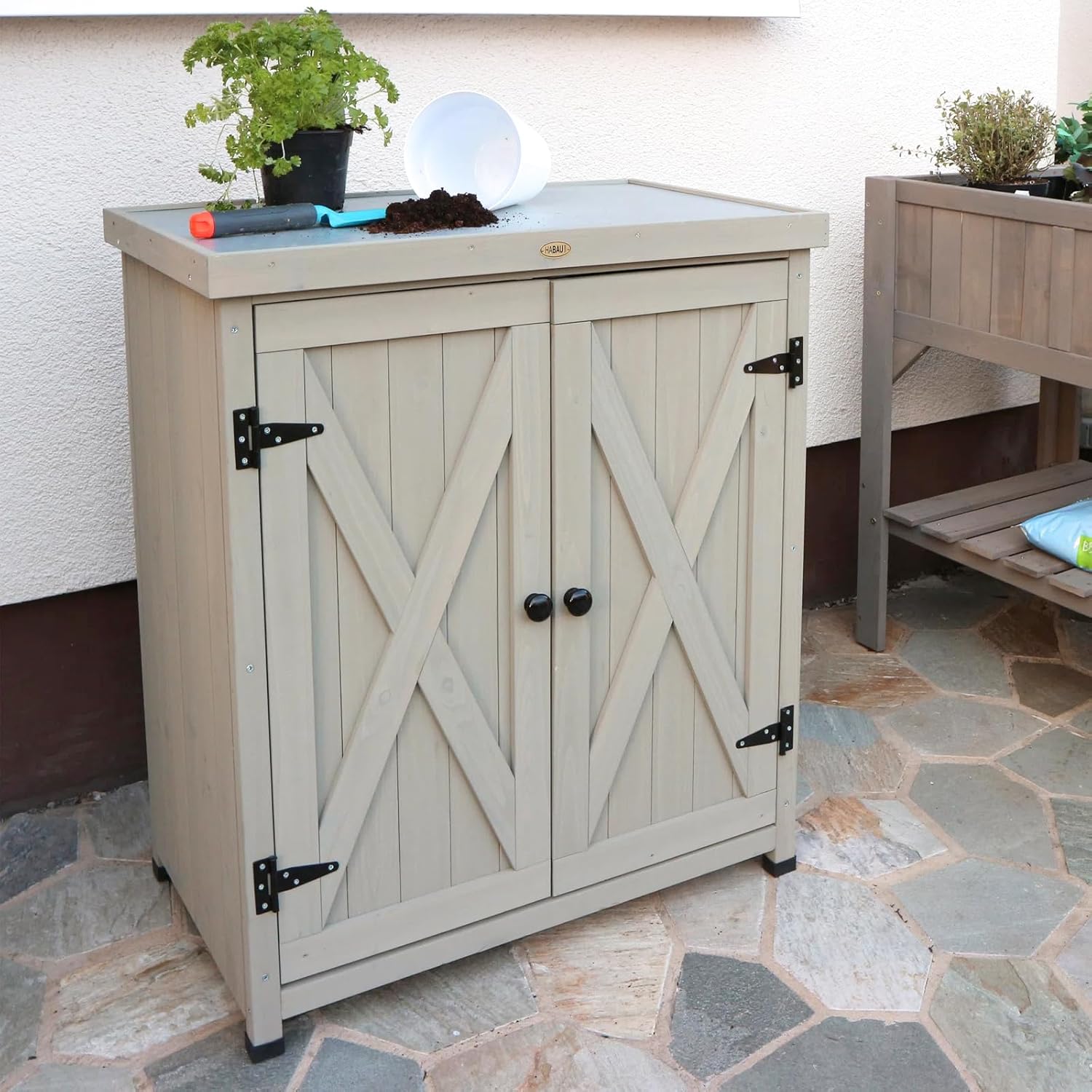 Outdoor Storage Cabinets Weatherproof for Patio, Garden Work Bench with Shelves & Metal Tabletop, Wooden Potting Table Workstation - 2