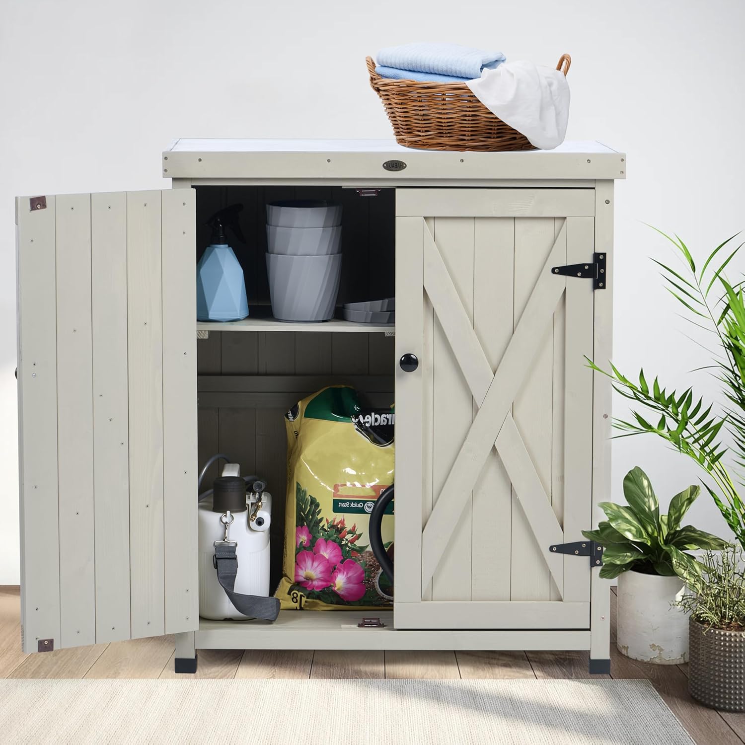 Outdoor Storage Cabinets Weatherproof for Patio, Garden Work Bench with Shelves & Metal Tabletop, Wooden Potting Table Workstation - 6