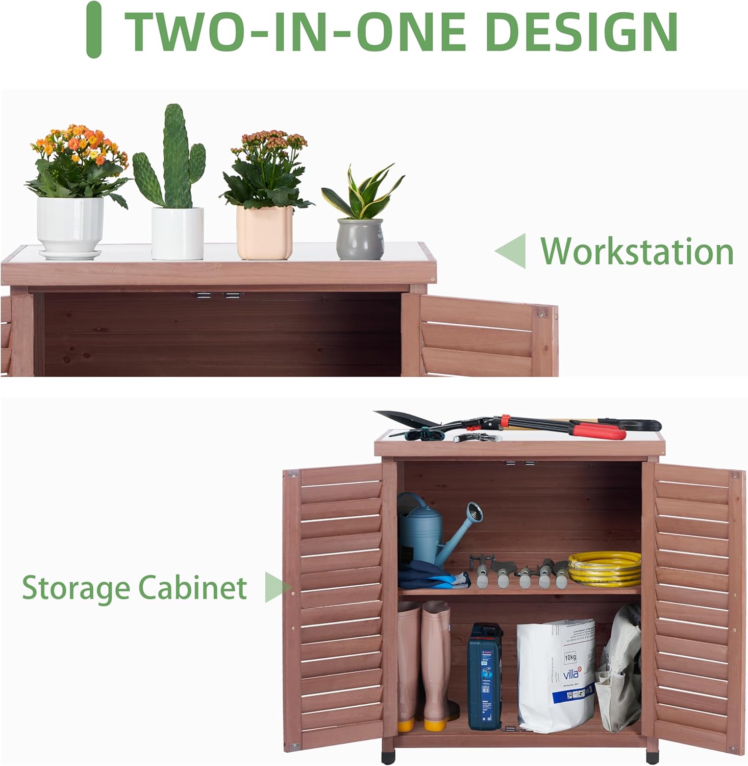 Potting Bench with Storage Cabinet and Metal Table Top for Outdoor Patio, Garden Furniture Wood Workstation - 3