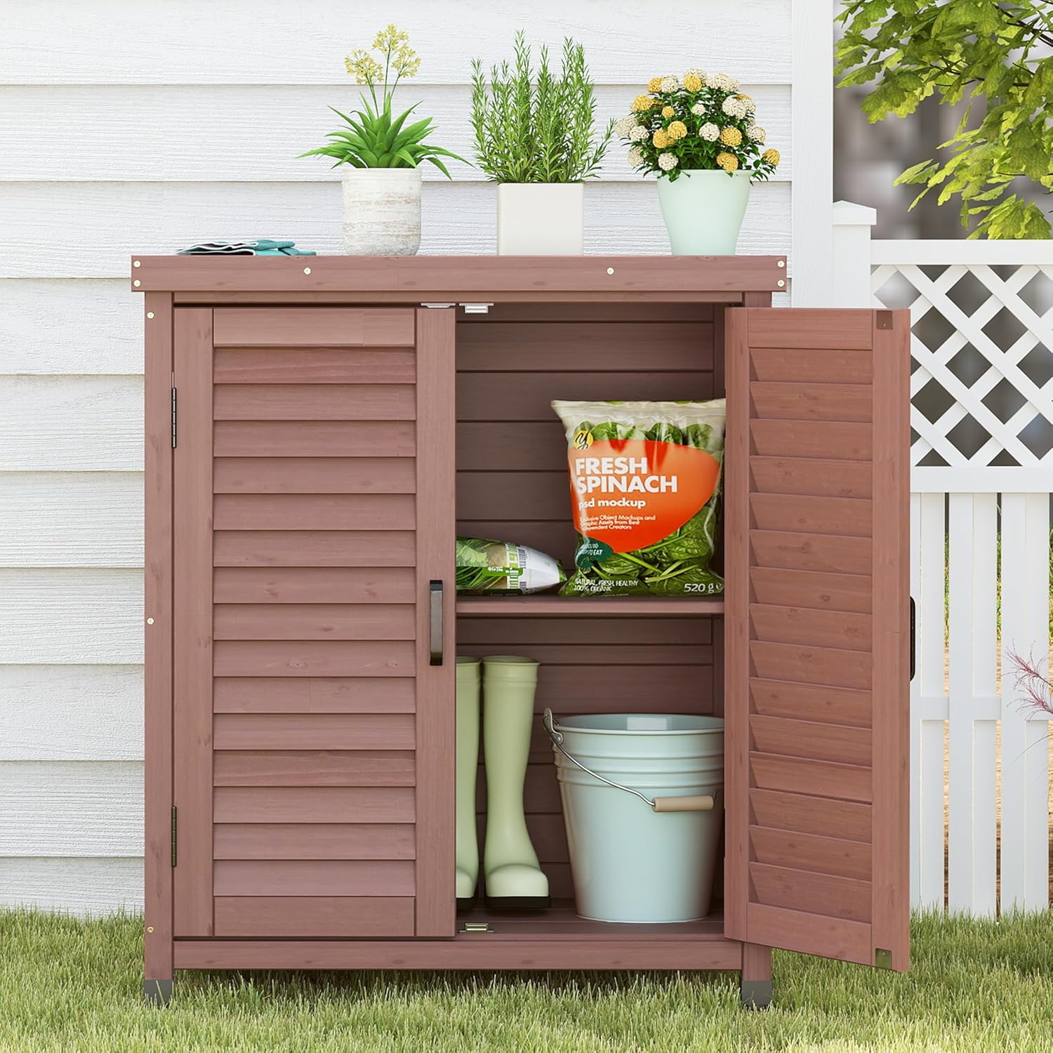 Potting Bench with Storage Cabinet and Metal Table Top for Outdoor Patio, Garden Furniture Wood Workstation - 8