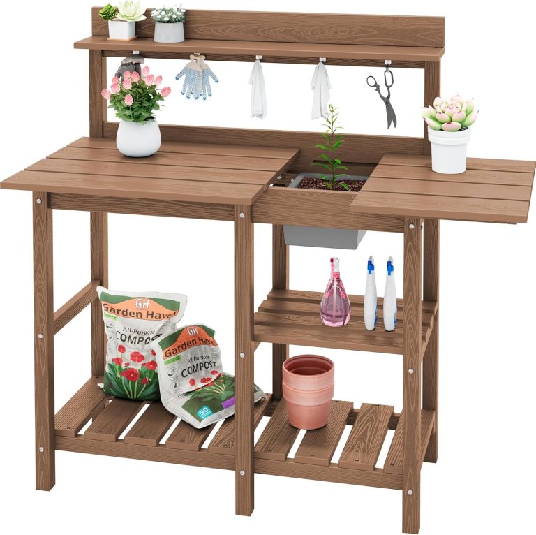 SERWALL Outdoor Potting Bench with Removeable Sink,Rot-Resistant HDPE Potting Table for Outside Gardening, All Weather Use – Brown
