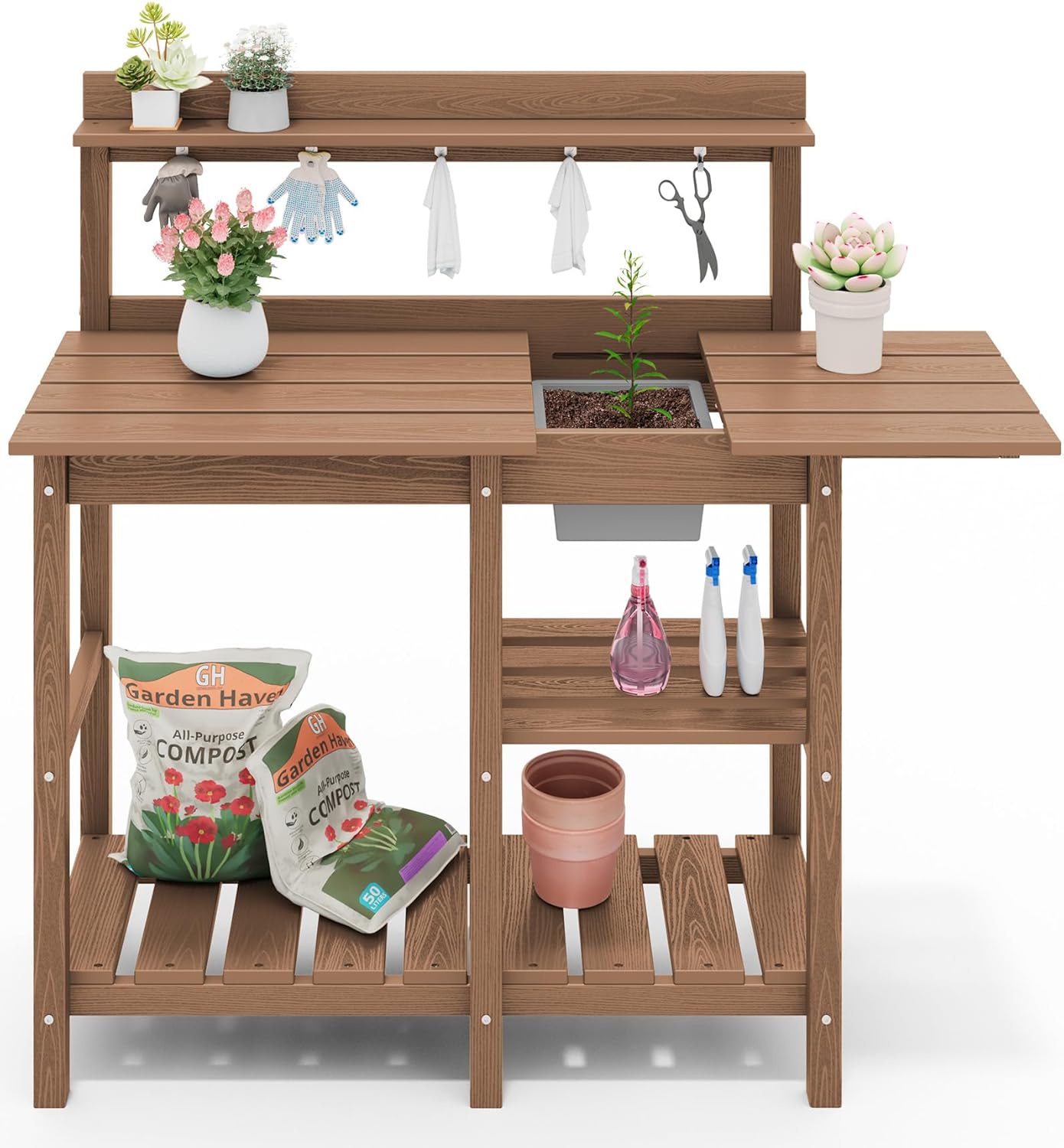 SERWALL Outdoor Potting Bench with Removeable Sink,Rot-Resistant HDPE Potting Table for Outside Gardening, All Weather Use - Brown - 10