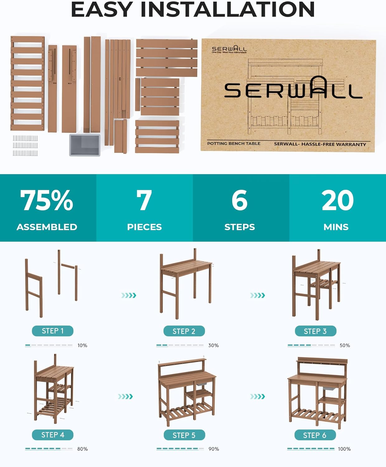 SERWALL Outdoor Potting Bench with Removeable Sink,Rot-Resistant HDPE Potting Table for Outside Gardening, All Weather Use - Brown - 6