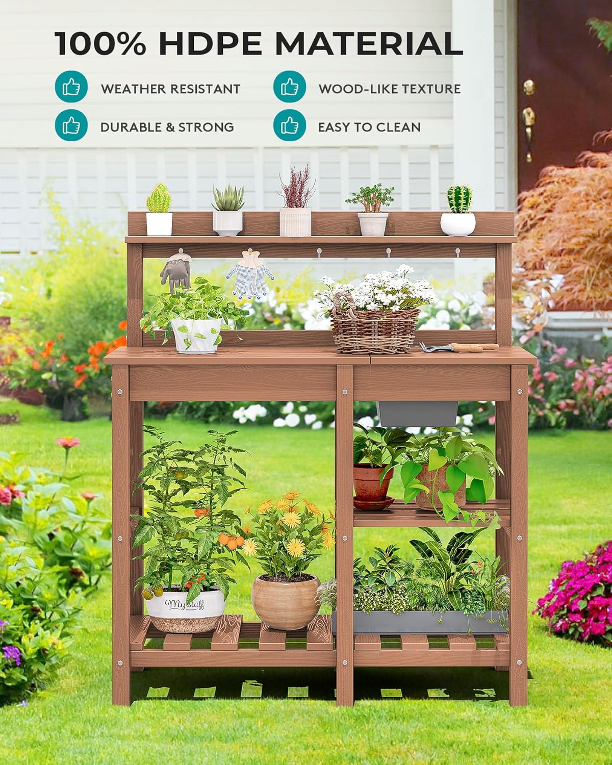 SERWALL Outdoor Potting Bench with Removeable Sink,Rot-Resistant HDPE Potting Table for Outside Gardening, All Weather Use - Brown - 7