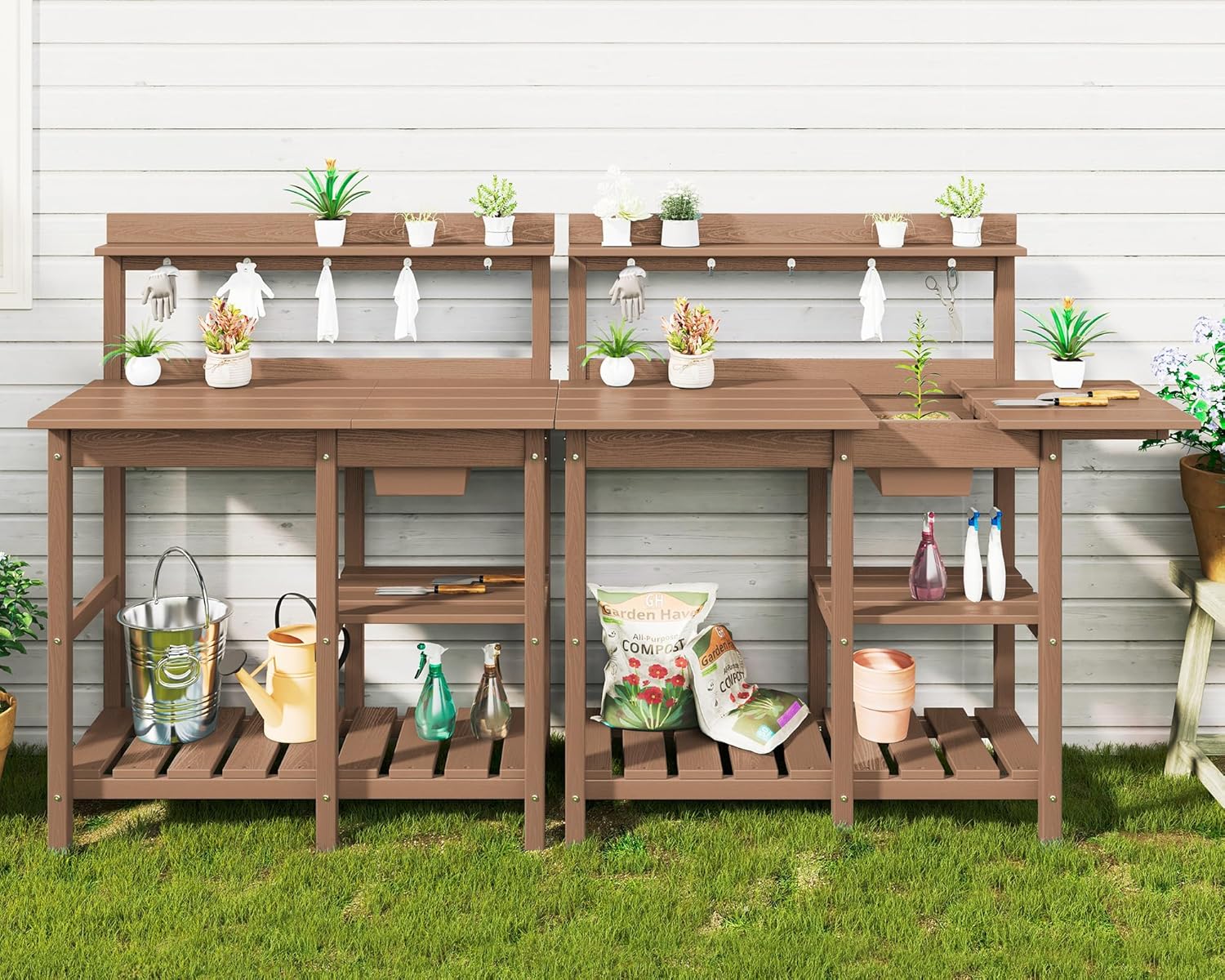 SERWALL Outdoor Potting Bench with Removeable Sink,Rot-Resistant HDPE Potting Table for Outside Gardening, All Weather Use - Brown - 9