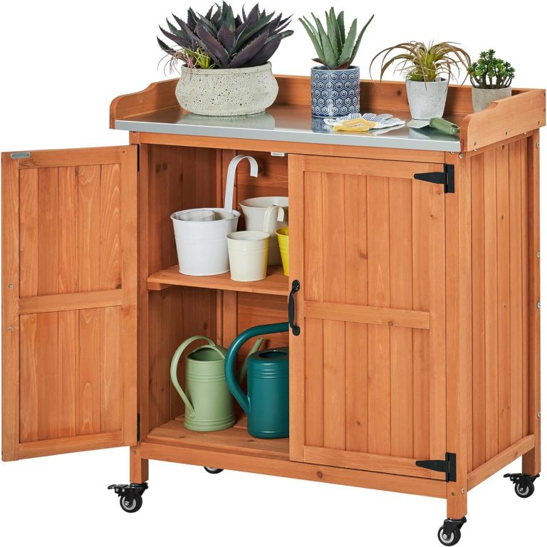 Yaheetech Garden Potting Bench Table – Outdoor Garden Patio Wooden Storage Cabinet & Solid Wood Planting Work Bench with Large Space Storage & Metal-Plated Tabletop, Brown