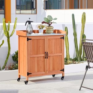 Yaheetech Garden Potting Bench Table - Outdoor Garden Patio Wooden Storage Cabinet & Solid Wood Planting Work Bench with Large Space Storage & Metal-Plated Tabletop, Brown - 10