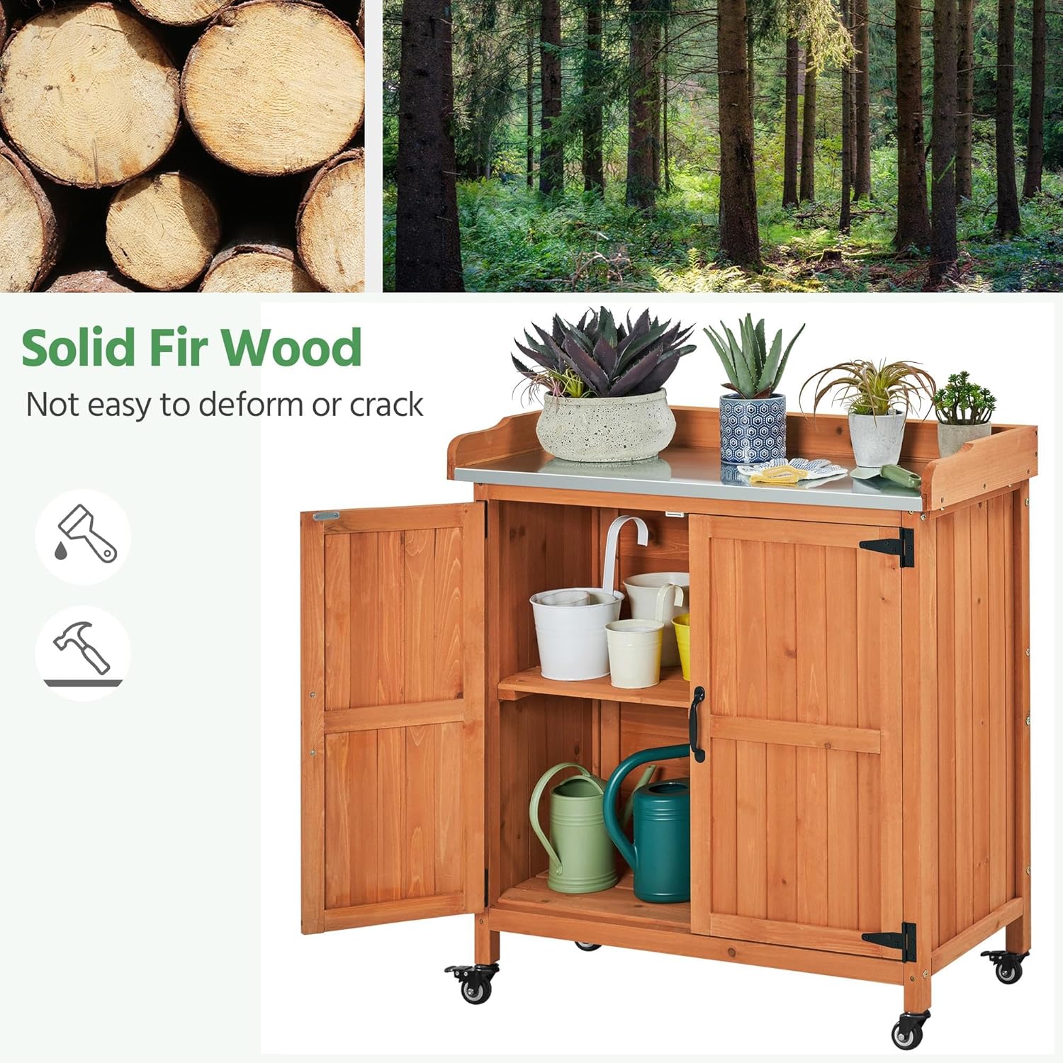 Yaheetech Garden Potting Bench Table - Outdoor Garden Patio Wooden Storage Cabinet & Solid Wood Planting Work Bench with Large Space Storage & Metal-Plated Tabletop, Brown - 8