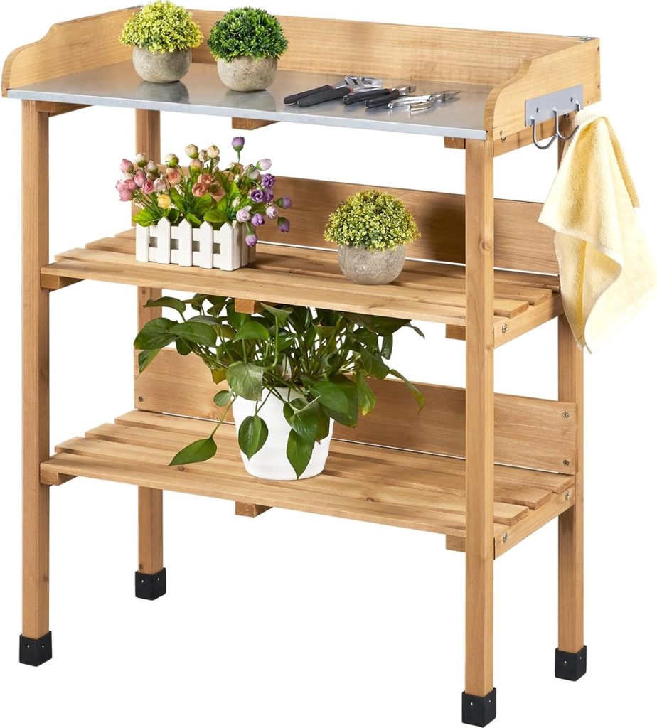 Yaheetech Outdoor Garden Potting Bench Table Wooden Horticulture Planting Worstation w-Metal Tabletop-Storage Shelf-3 Hooks, Natural Wood - 1